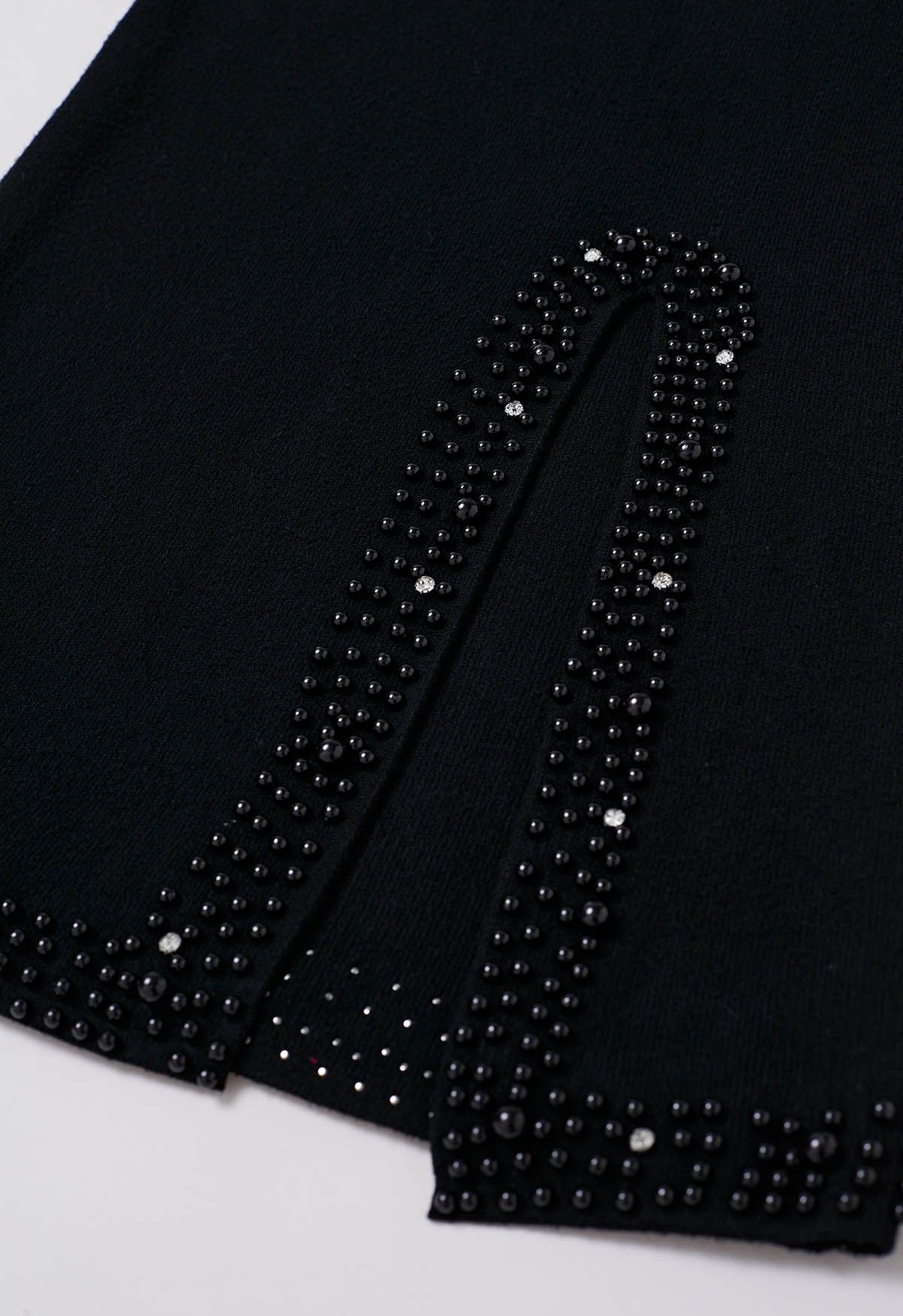 Jupe crayon en tricot ornée de perles à ourlet fendu en noir