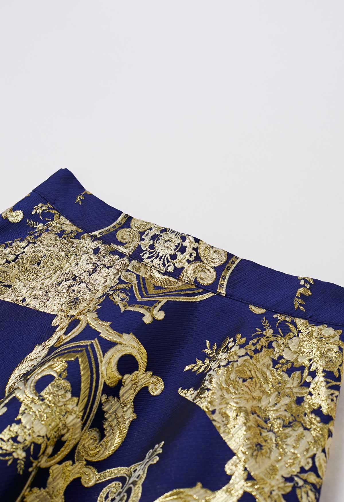 Glamorous - Jupe longue en jacquard baroque à fils métallisés - Bleu marine
