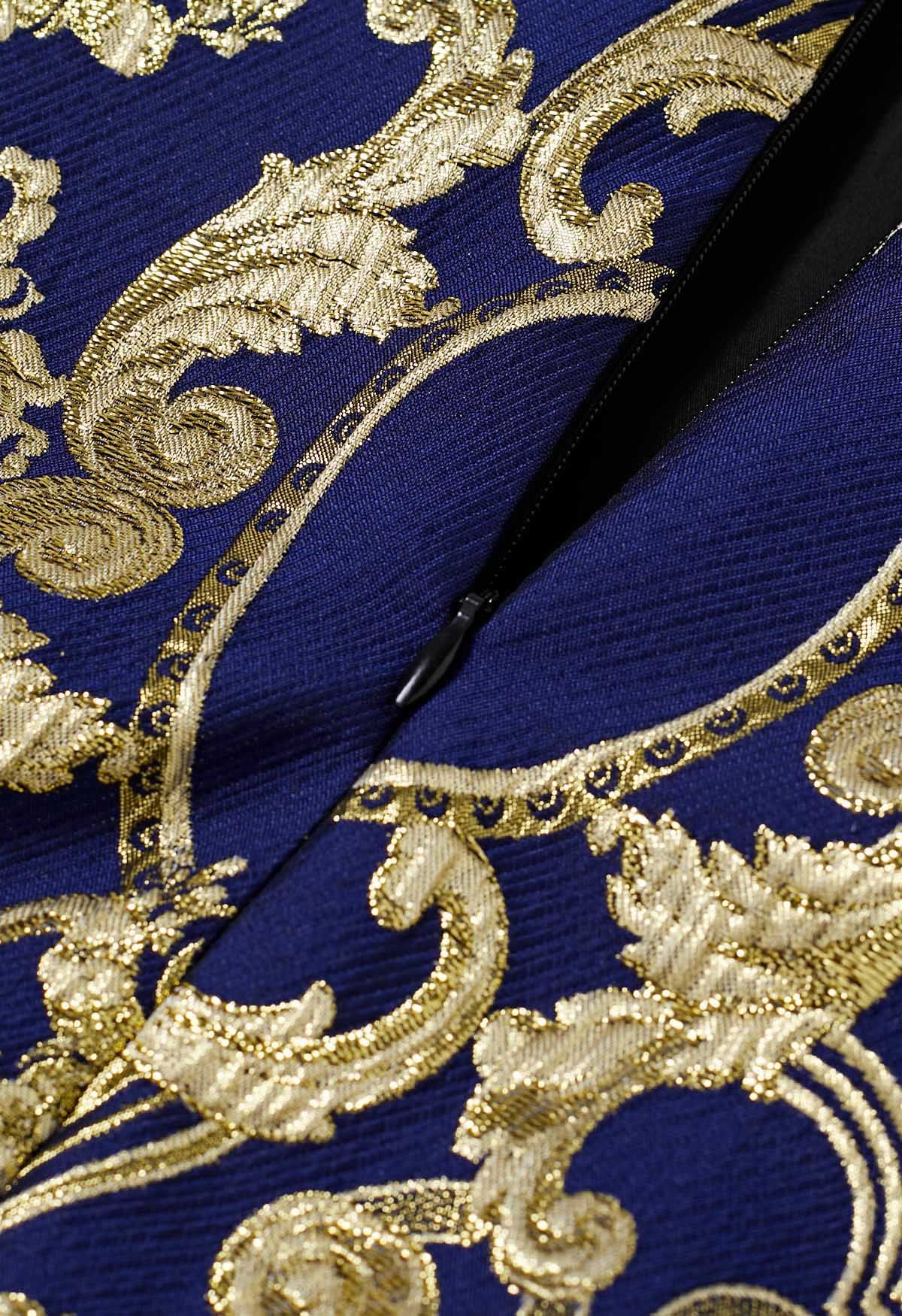 Glamorous - Jupe longue en jacquard baroque à fils métallisés - Bleu marine
