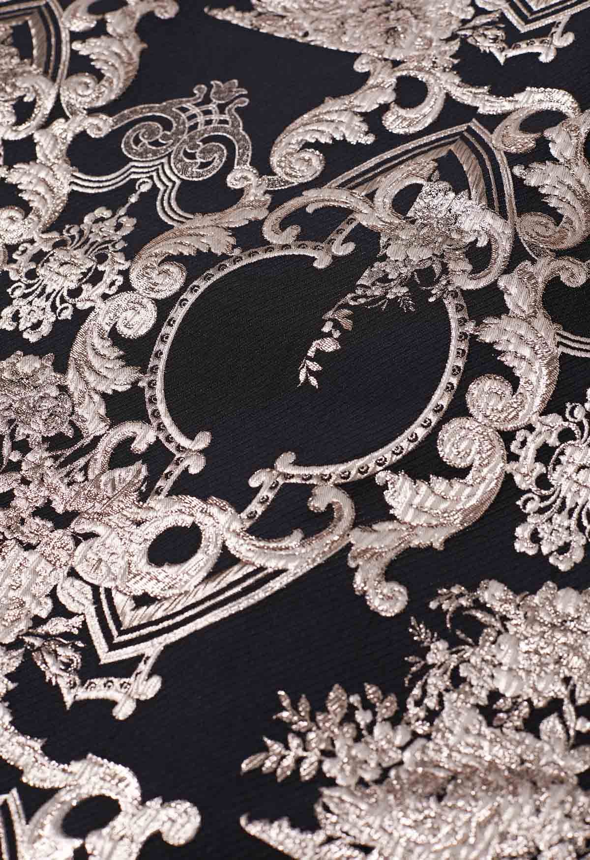 Jupe longue glamour en jacquard baroque à fils métallisés en noir