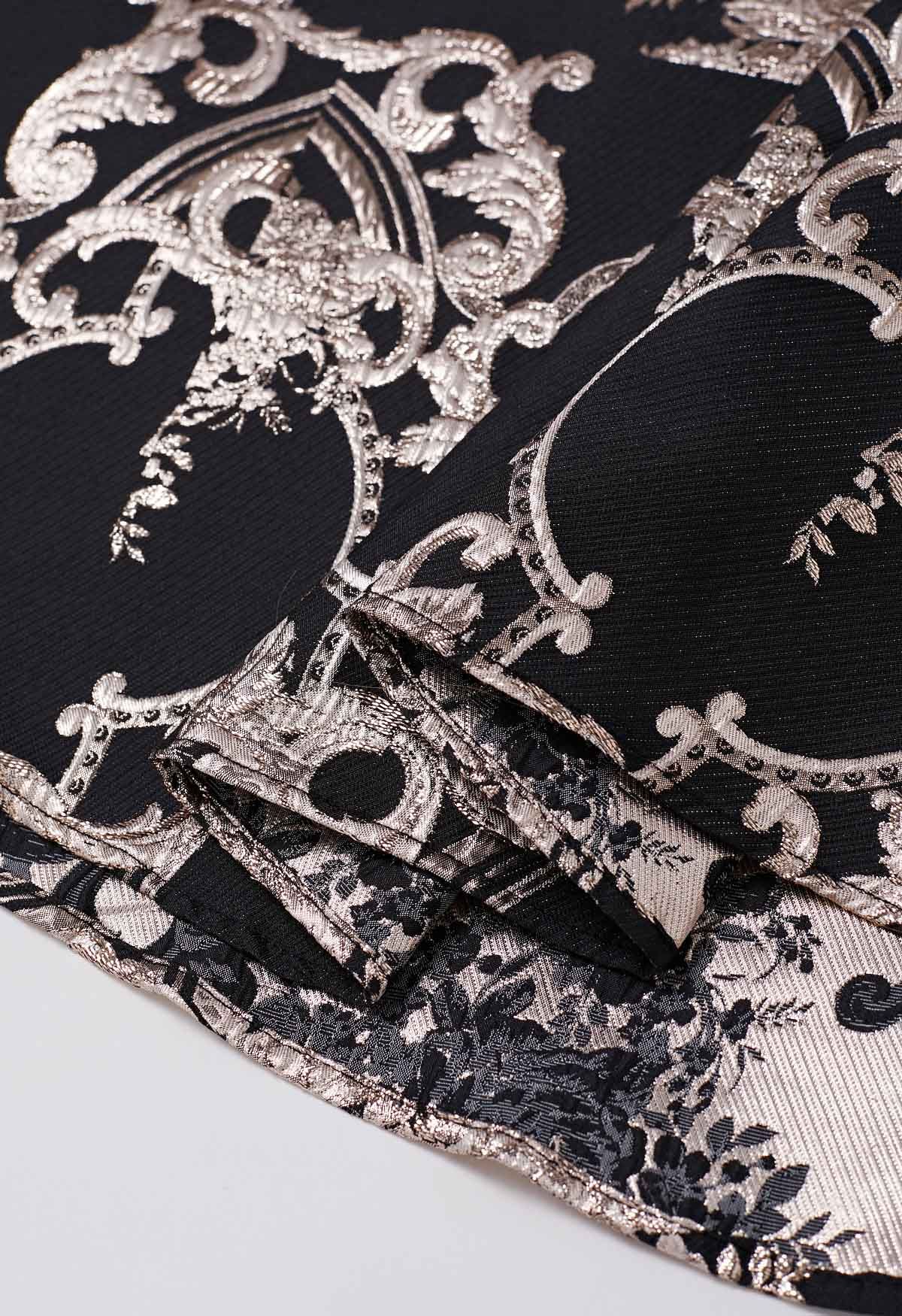 Jupe longue glamour en jacquard baroque à fils métallisés en noir