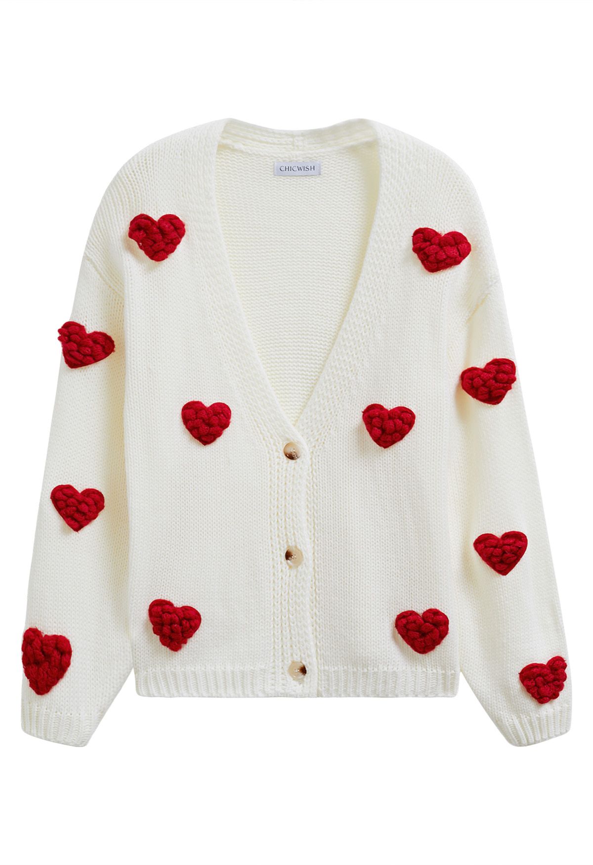 Cardigan romantique en tricot cœur 3D en blanc