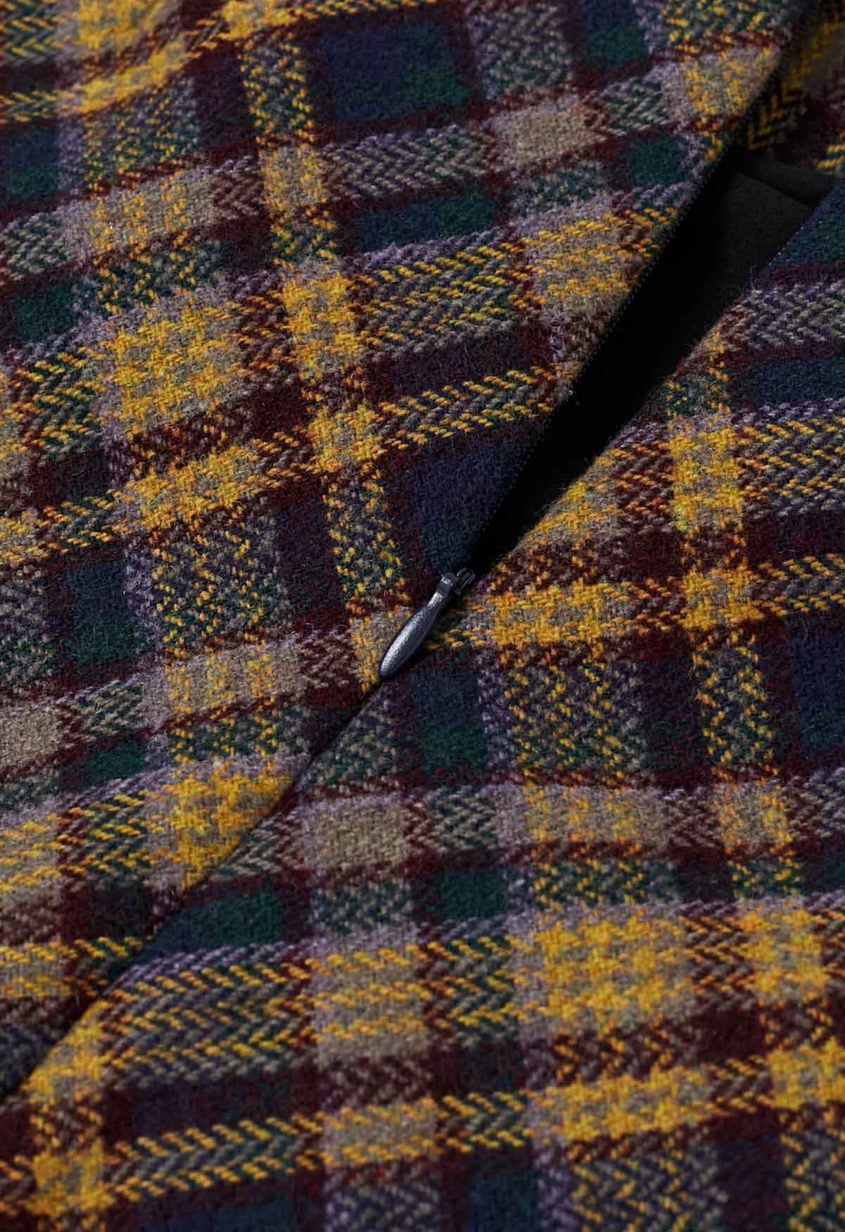 Mini-jupe bourgeon rétro en laine mélangée à carreaux en jaune