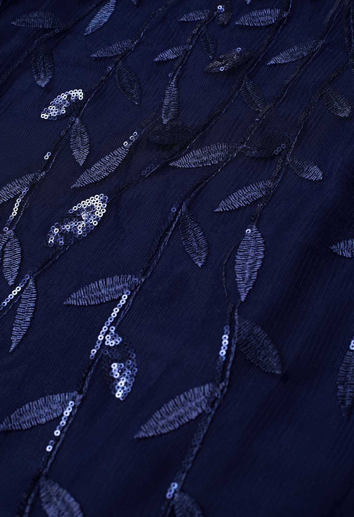 Jupe mi-longue en tulle à feuilles brodées de sequins en bleu marine