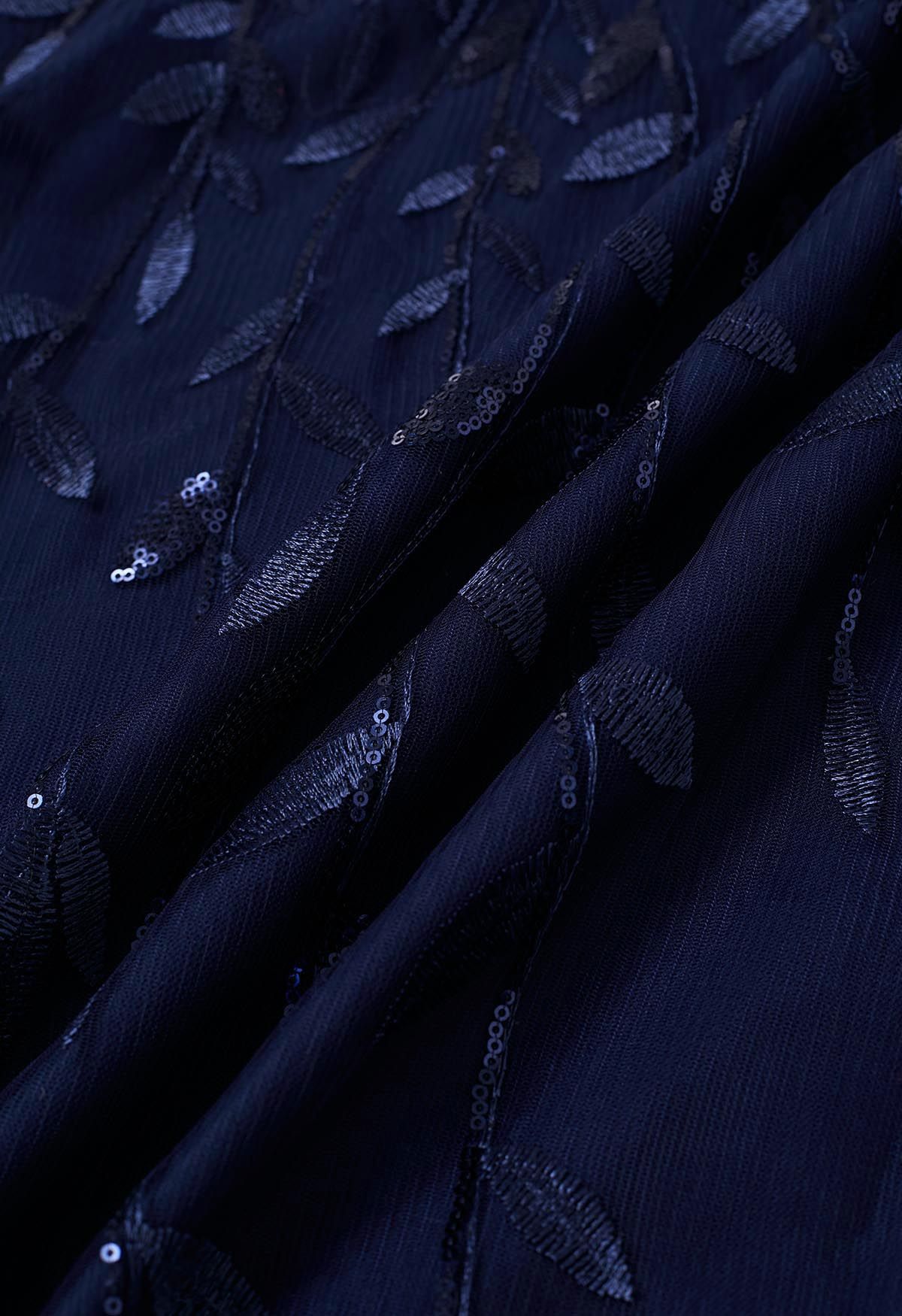 Jupe mi-longue en tulle à feuilles brodées de sequins en bleu marine
