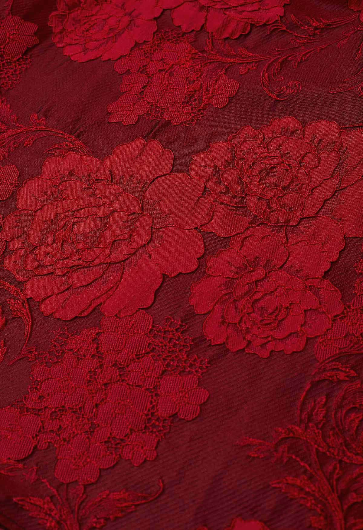 Jupe mi-longue plissée en jacquard fleuri rouge Blissful