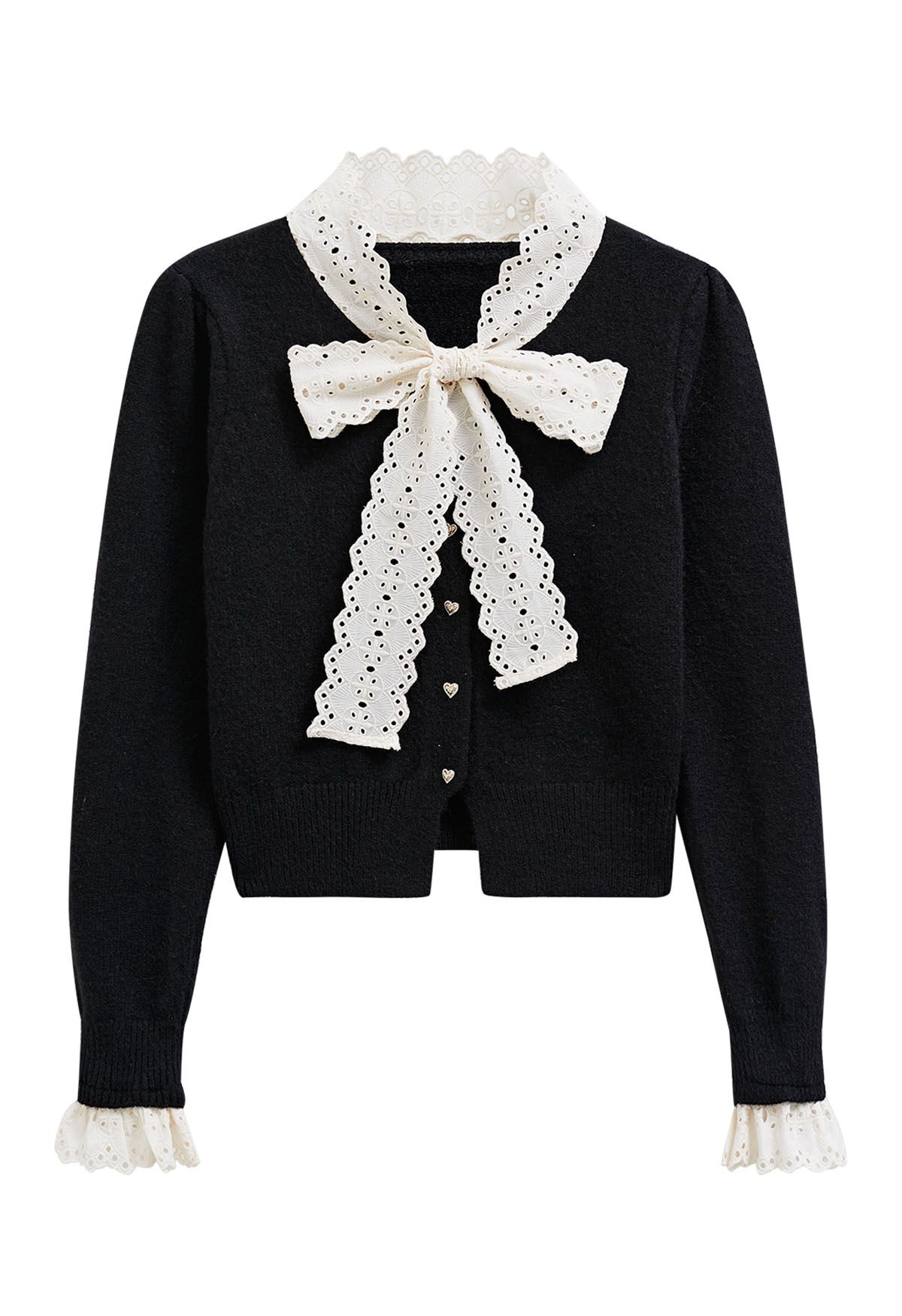 Cardigan en tricot pelucheux avec œillets brodés, nœud papillon et bouton cœur, noir