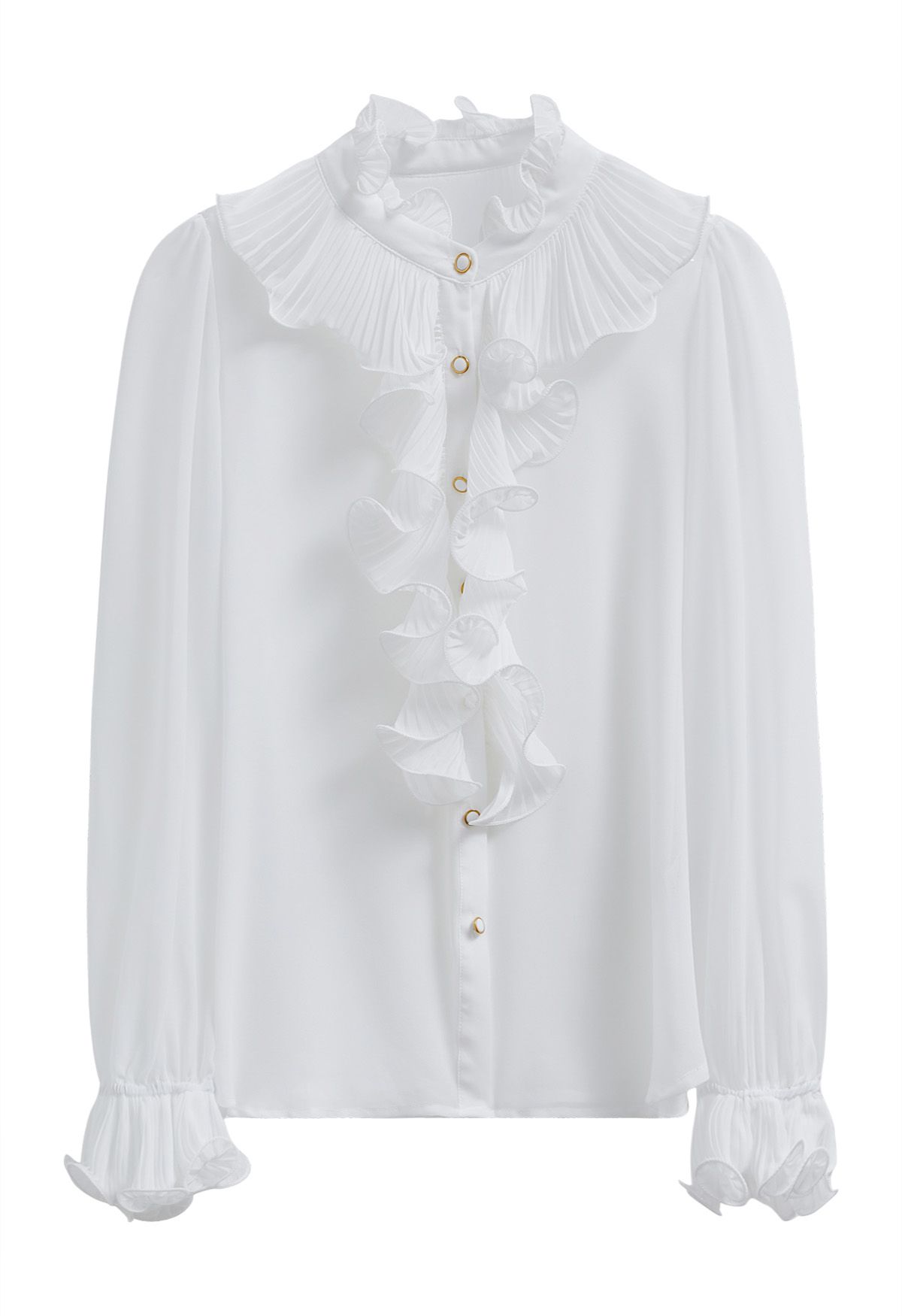 Chemise boutonnée en mousseline à volants Romance en blanc