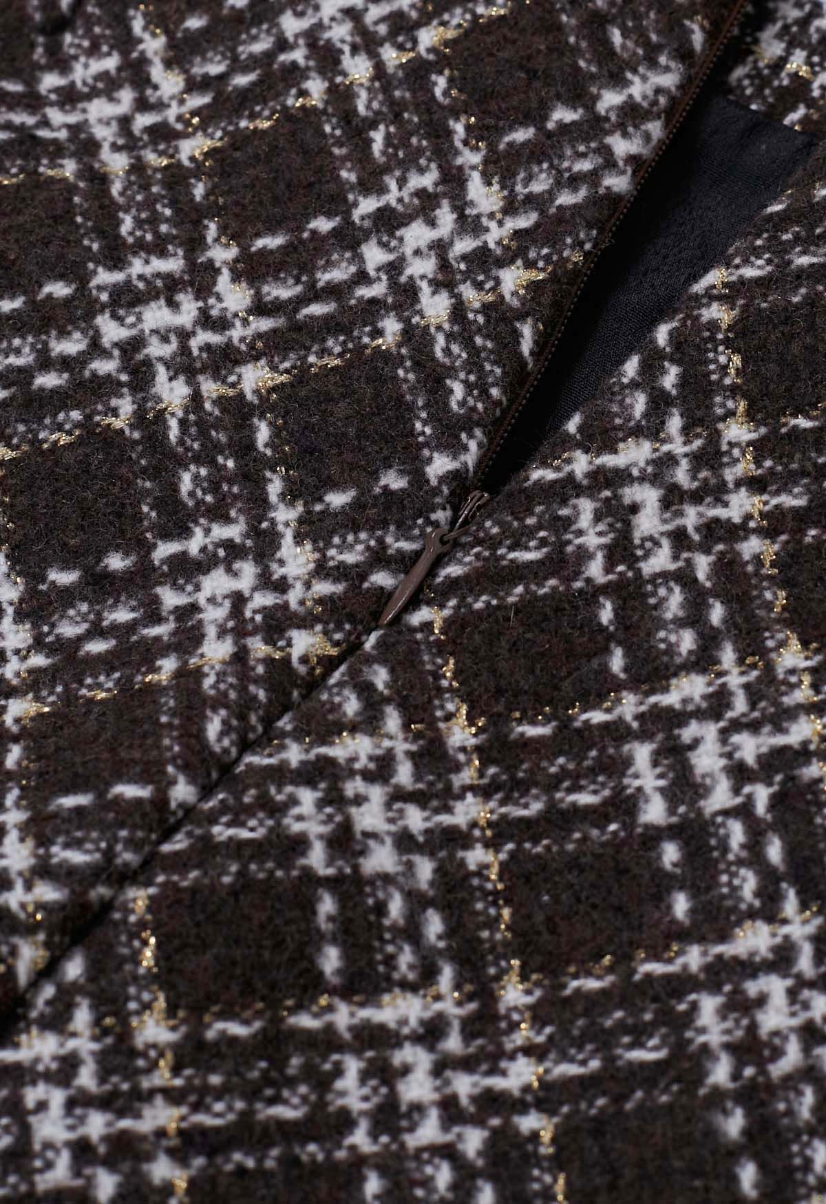Mini-jupe bourgeon en tweed à motif écossais en marron