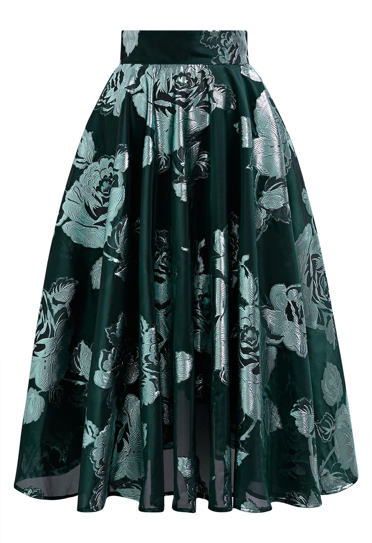 Jupe mi-longue trapèze en jacquard floral métallisé en vert foncé