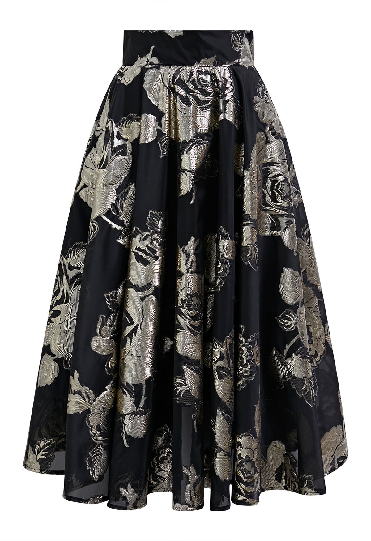 Jupe mi-longue trapèze en jacquard floral métallisé en noir