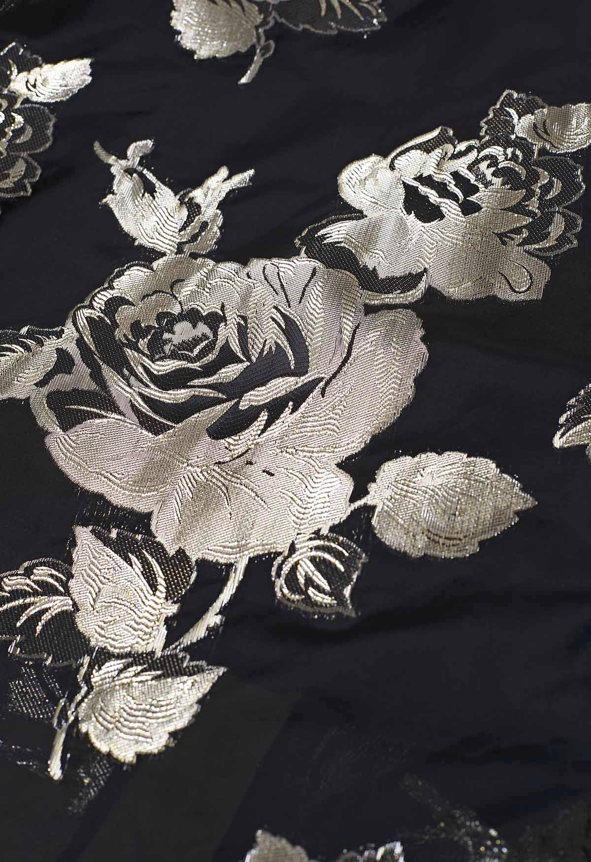 Jupe mi-longue trapèze en jacquard floral métallisé en noir