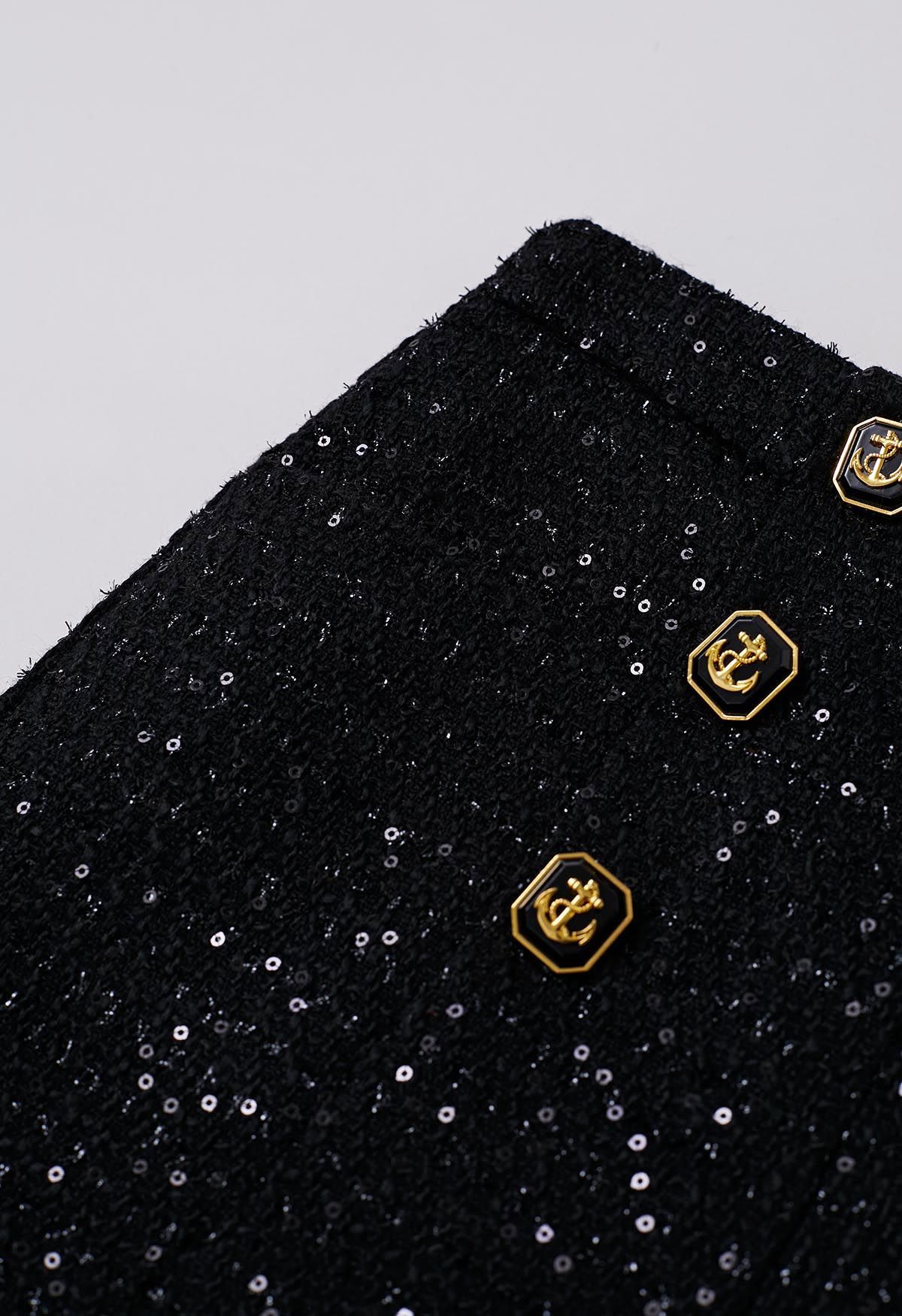 Short en tweed à paillettes décoré de boutons en noir