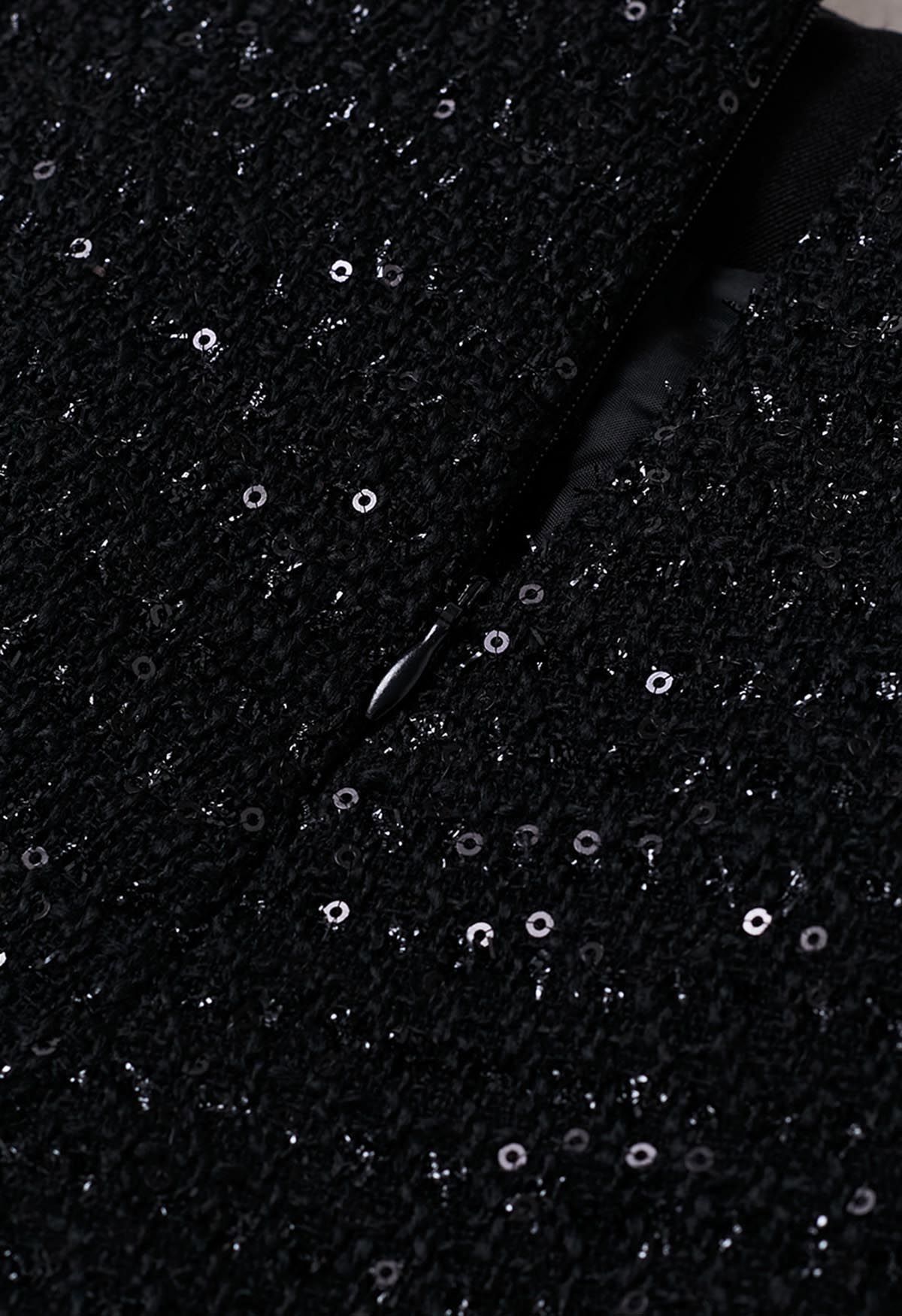 Short en tweed à paillettes décoré de boutons en noir