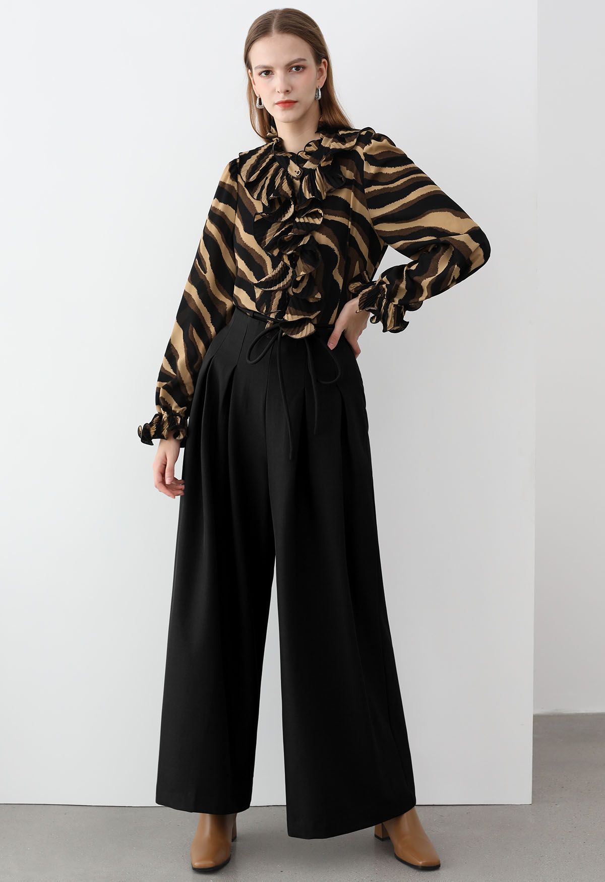 Pantalon large plissé tendance à taille nouée en noir