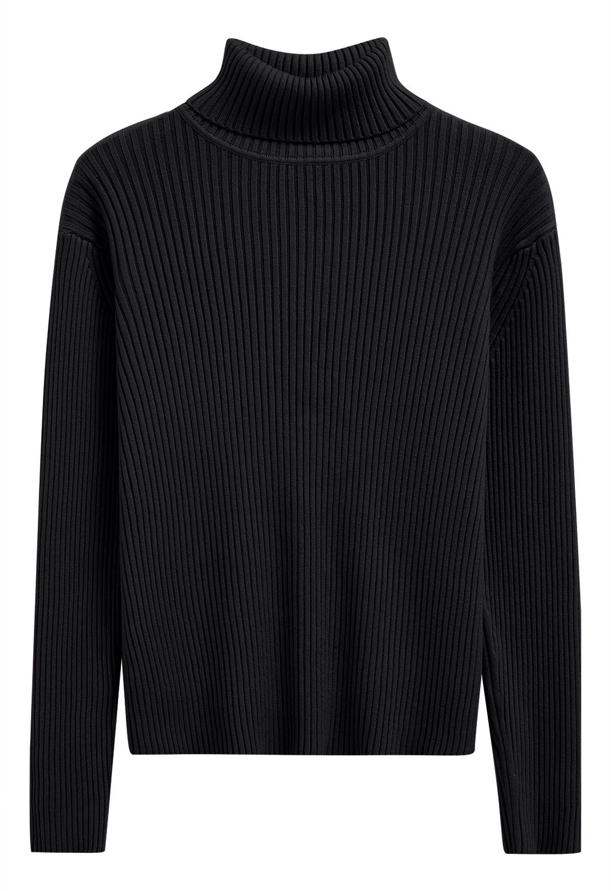 Pull polyvalent en tricot côtelé à col roulé en noir