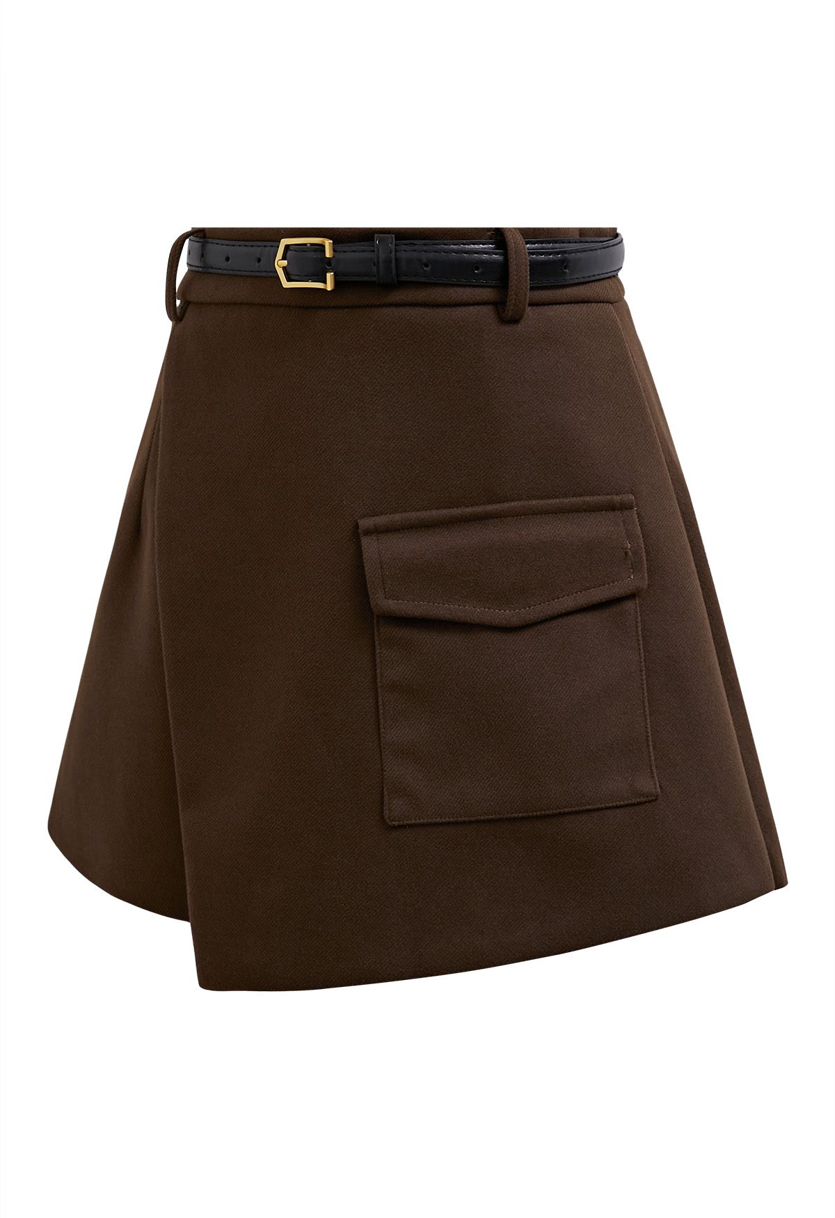 Mini-jupe-short ceinturée en laine mélangée avec poche à rabat, marron