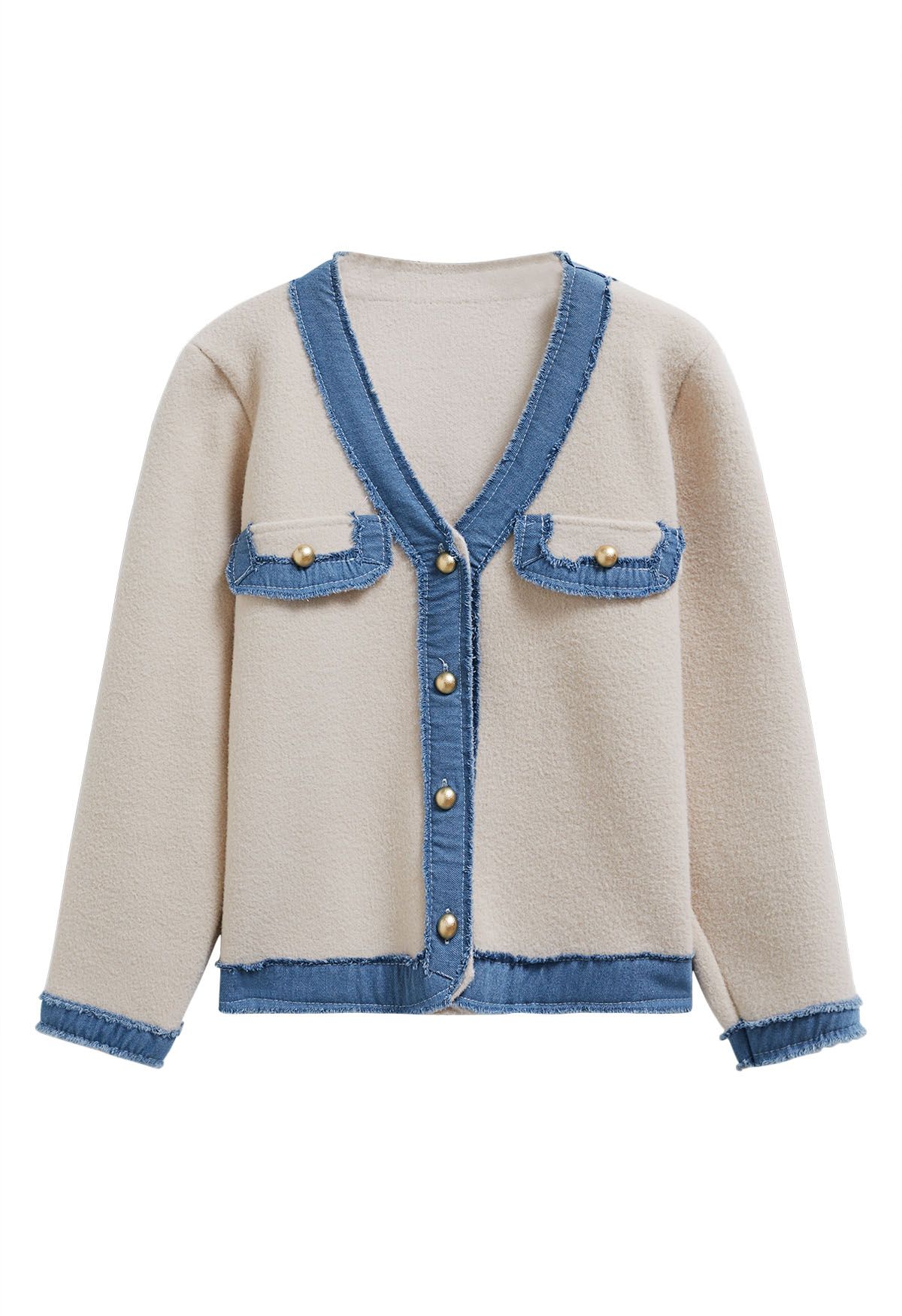 Cardigan en tricot à boutons épissés et bord en denim effiloché en crème