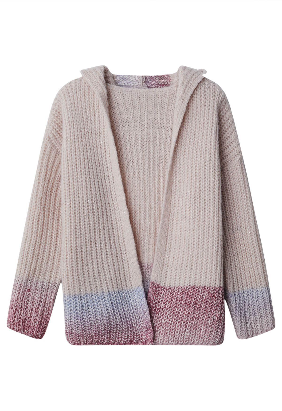 Cardigan en tricot à capuche ouvert sur le devant à paillettes rose dégradé