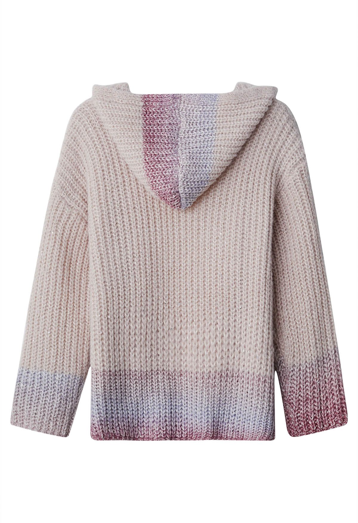 Cardigan en tricot à capuche ouvert sur le devant à paillettes rose dégradé