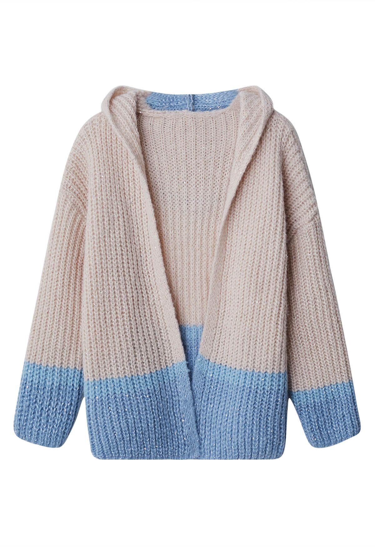 Cardigan en tricot à capuche ouvert sur le devant à sequins bleu dégradé