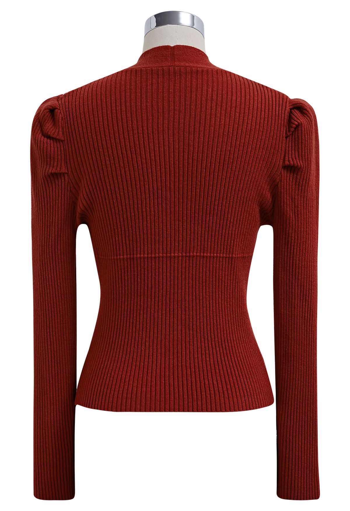 Haut en tricot côtelé à col en V et épaules bouffantes en rouge