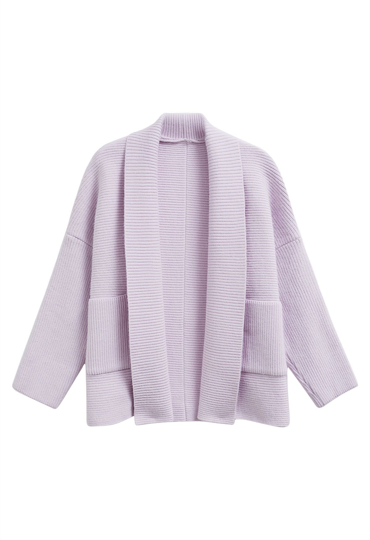 Cardigan en maille côtelée à col châle en lilas