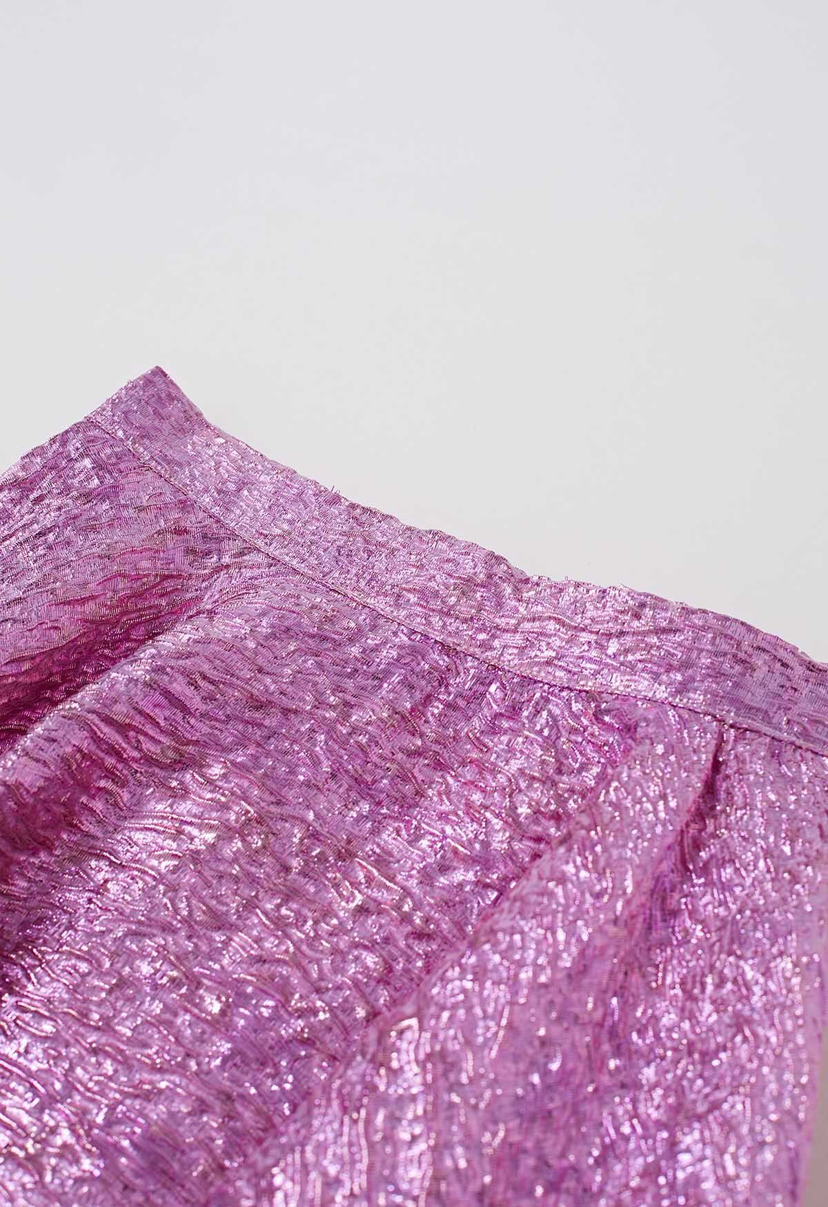Jupe mi-longue évasée en jacquard à texture gaufrée rose brillant