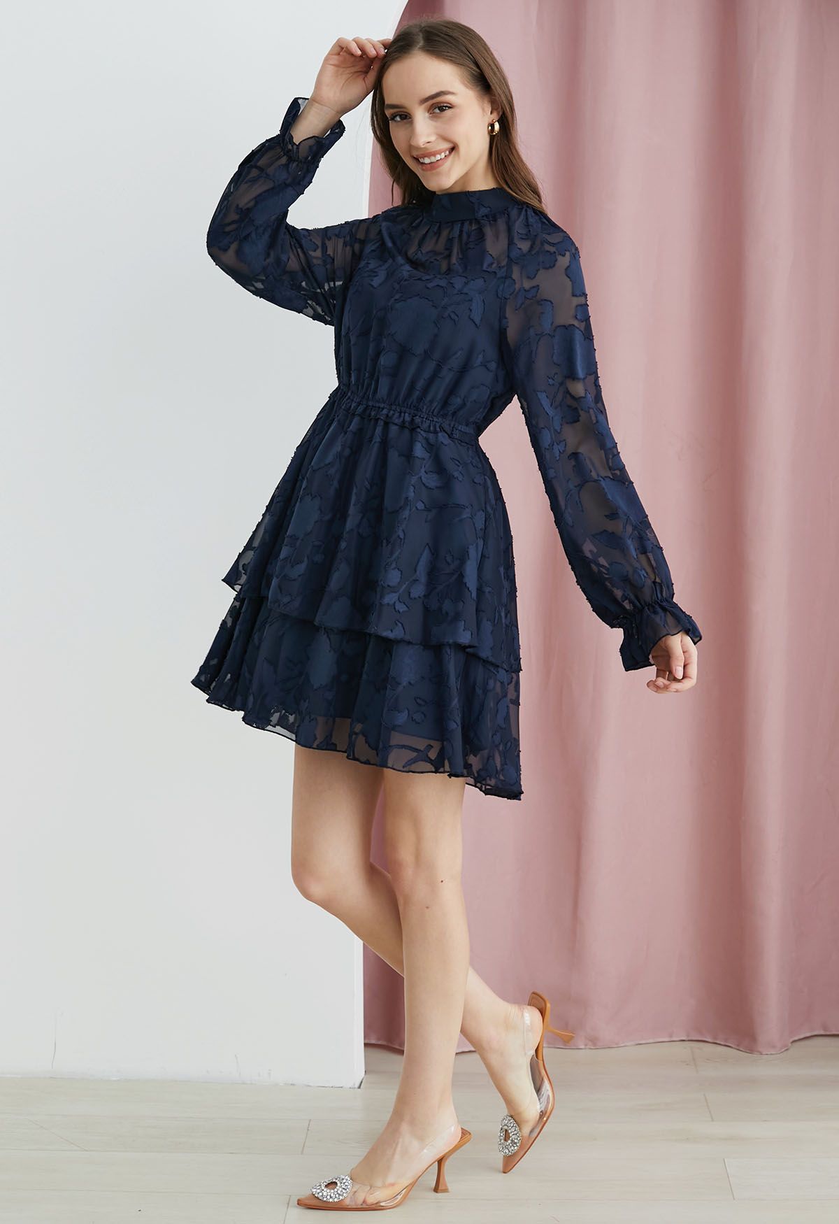 Mini-robe à plusieurs niveaux en maille jacquard florale, bleu marine