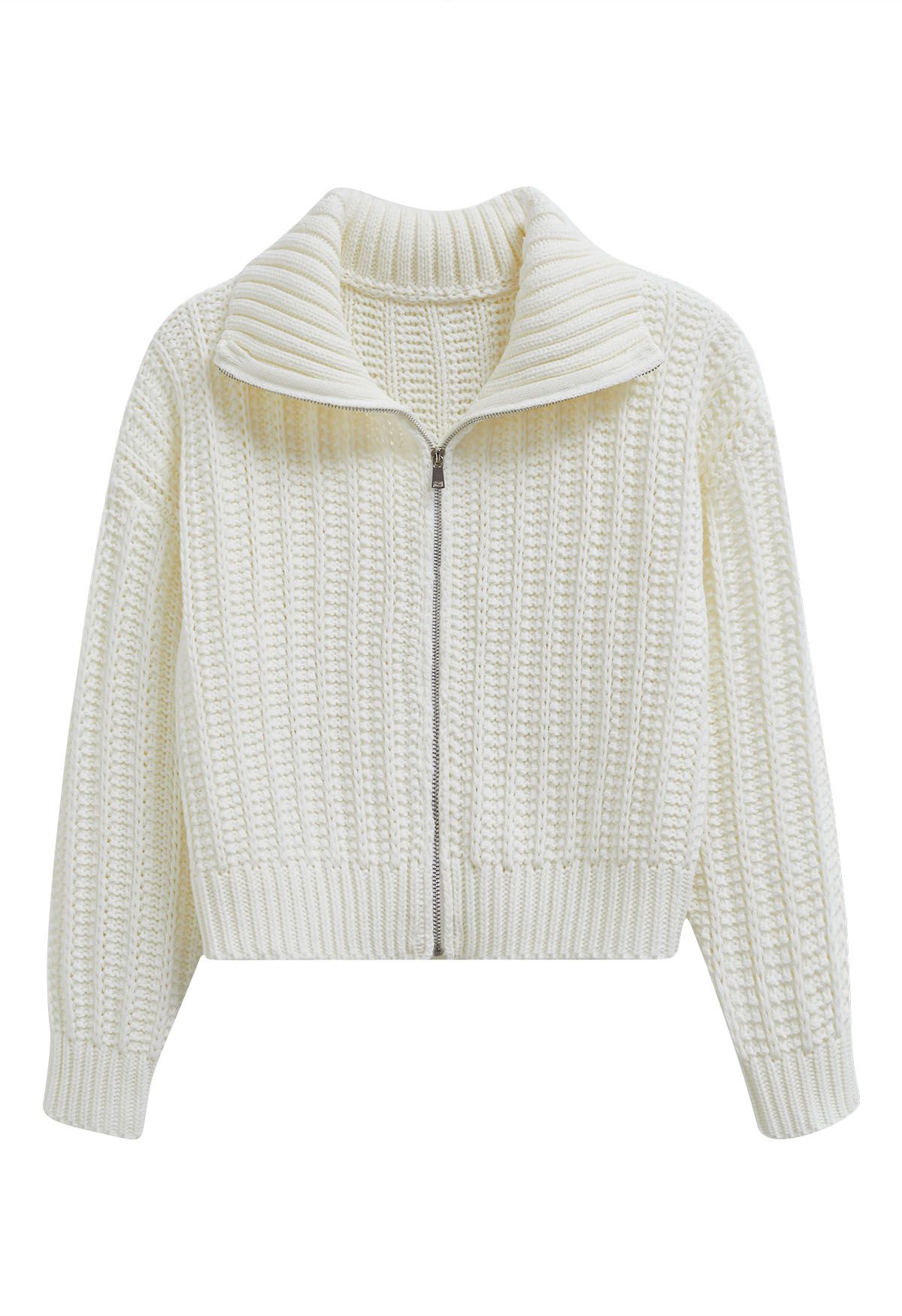 Cardigan zippé à col montant en grosse maille en blanc