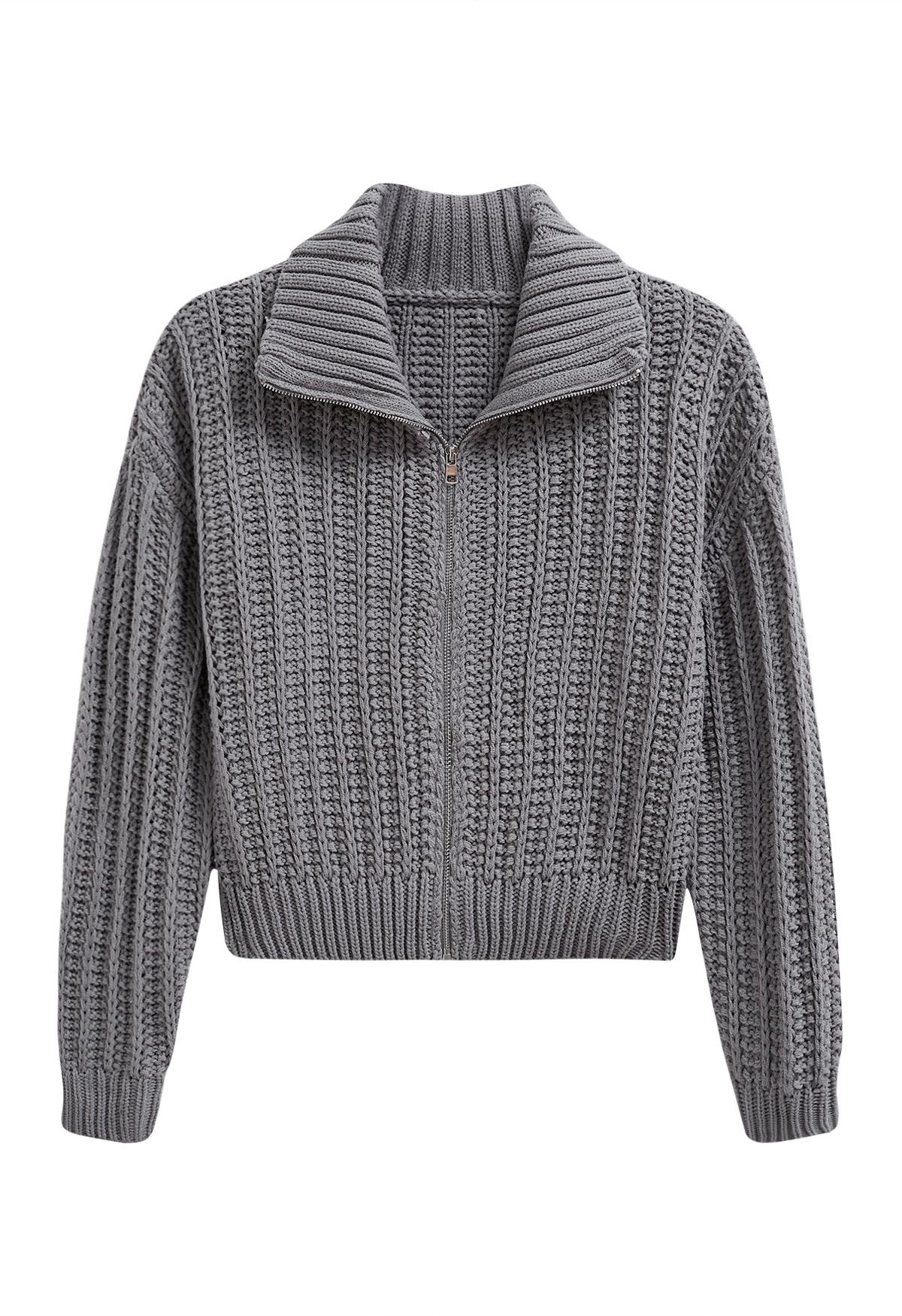 Cardigan zippé à col haut en grosse maille en gris