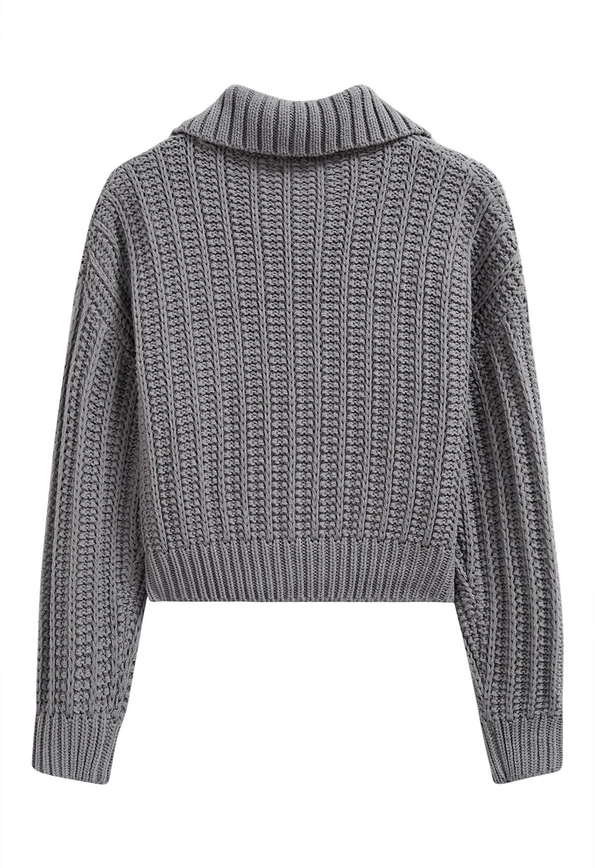 Cardigan zippé à col haut en grosse maille en gris