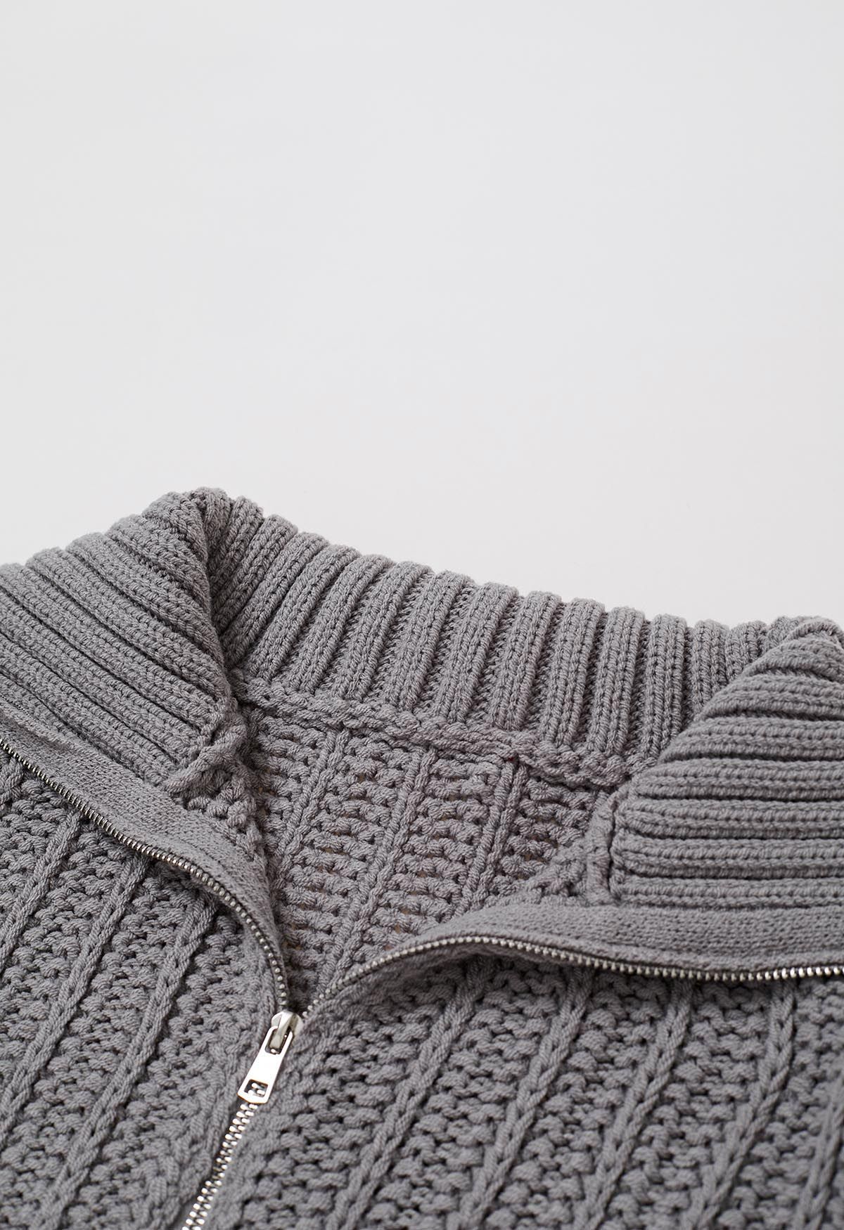 Cardigan zippé à col haut en grosse maille en gris