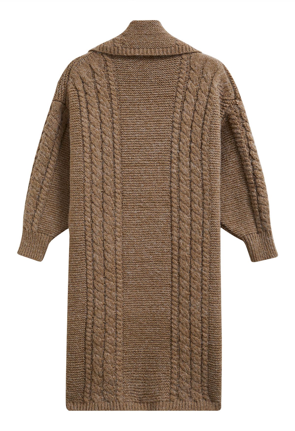 Cardigan long en tricot torsadé à col à rabat en marron
