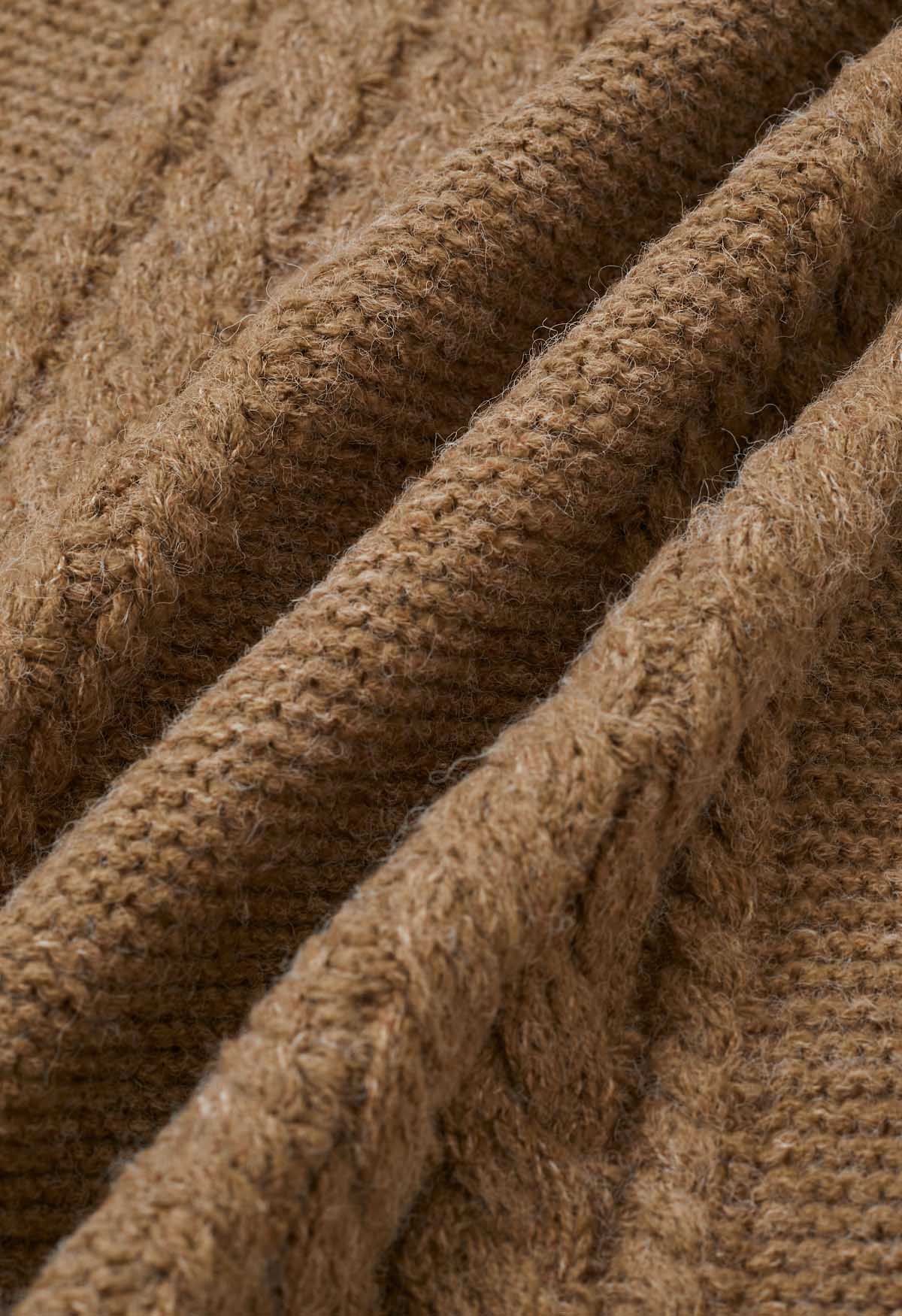 Cardigan long en tricot torsadé à col à rabat en marron