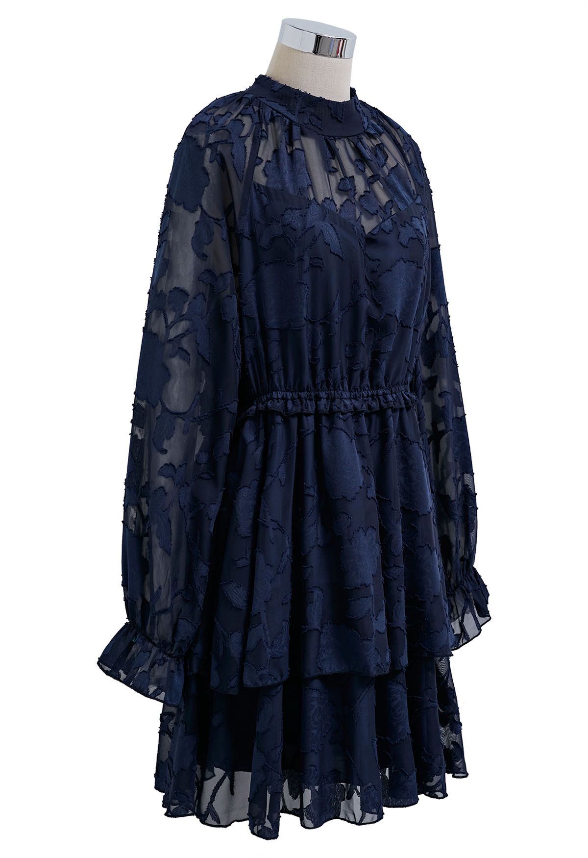 Mini-robe à plusieurs niveaux en maille jacquard florale, bleu marine