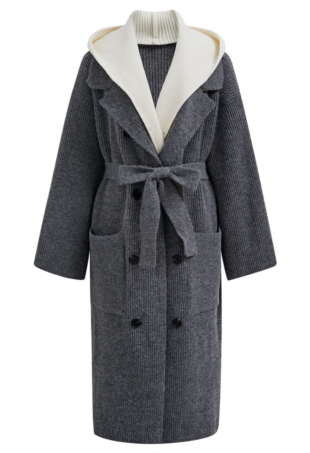 Faux manteau long à capuche deux pièces contrasté en gris