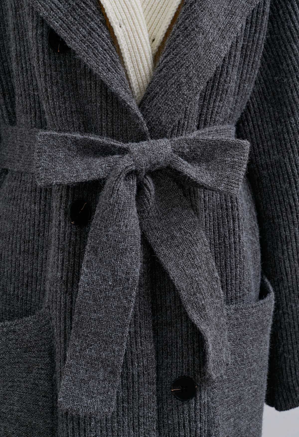 Faux manteau long à capuche deux pièces contrasté en gris