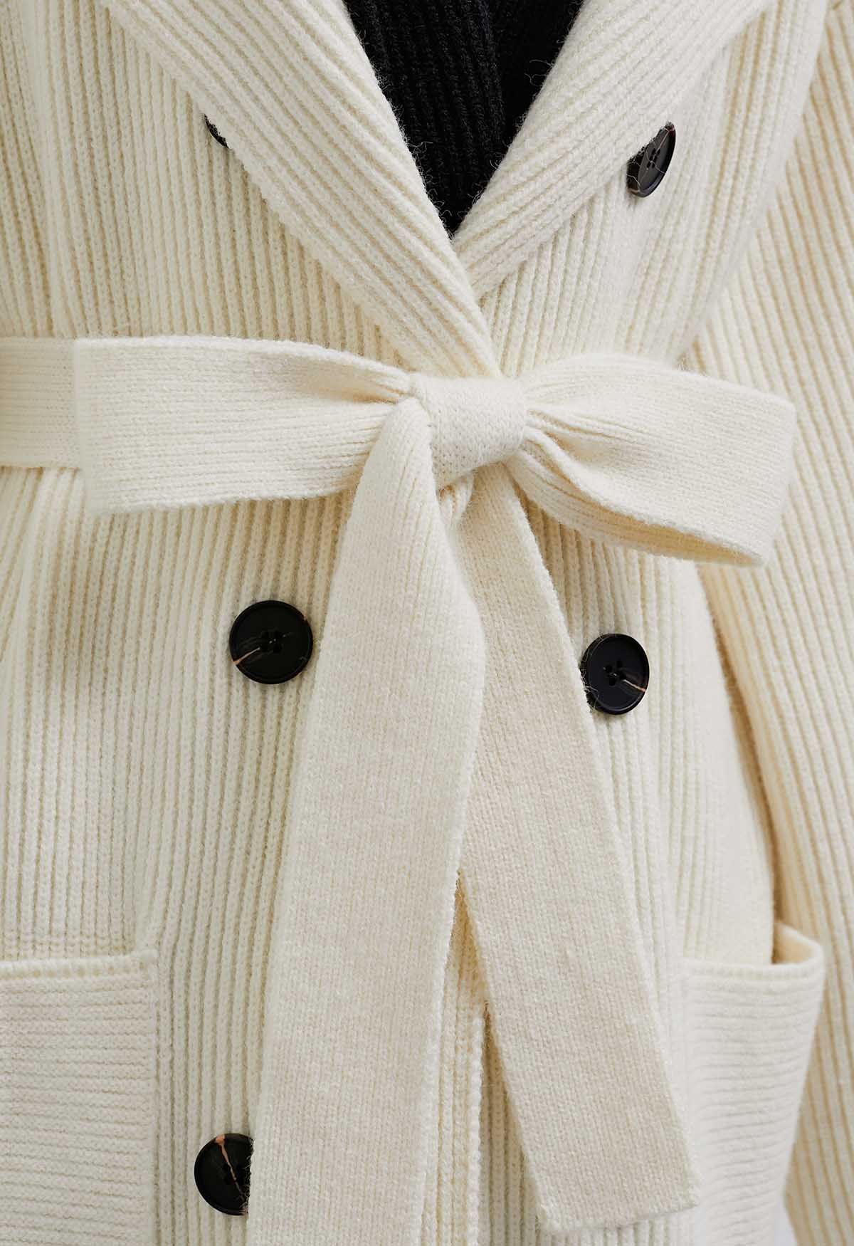 Faux manteau long à capuche deux pièces contrasté en crème