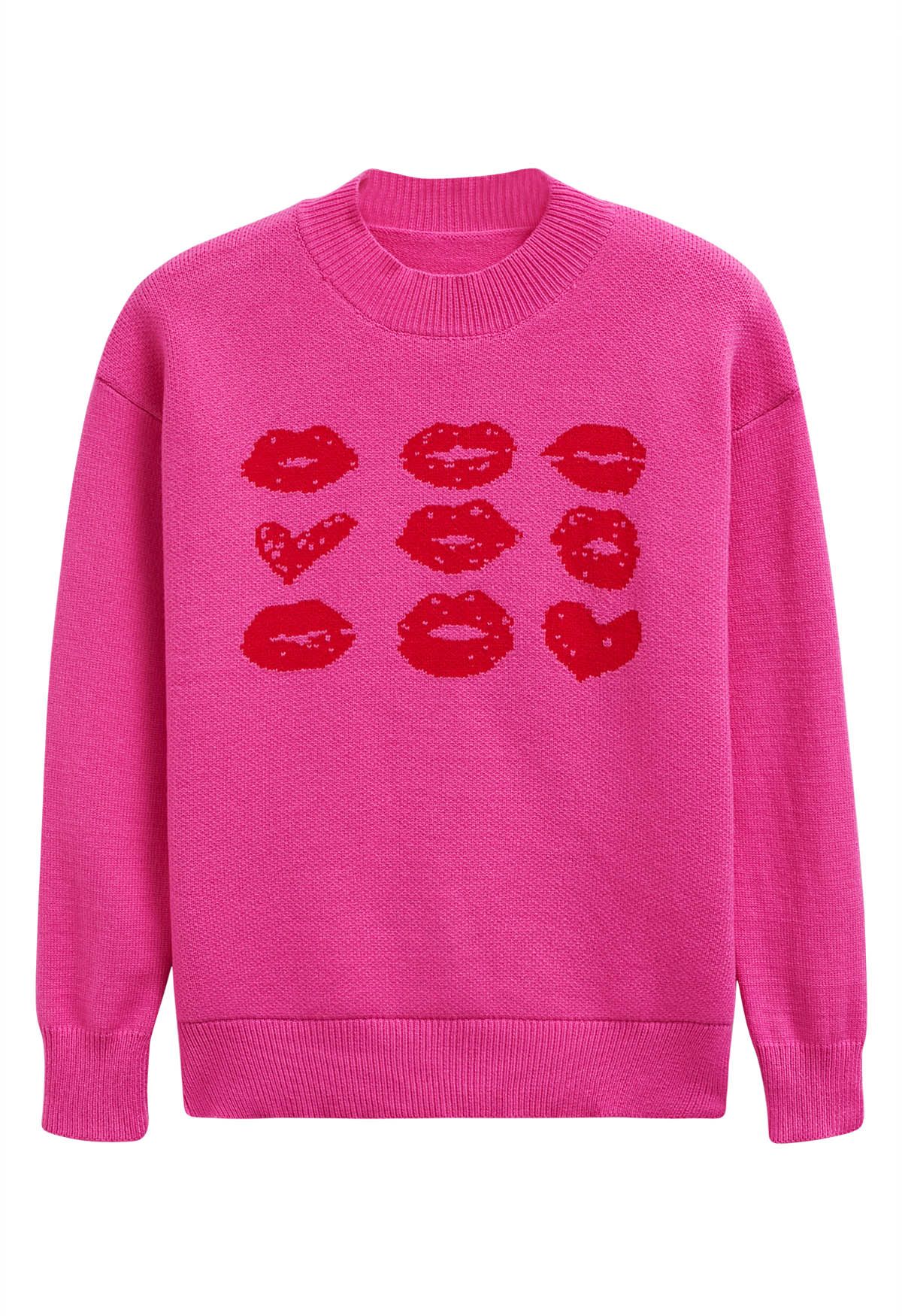 Pull en tricot à motif lèvres rouges en rose vif