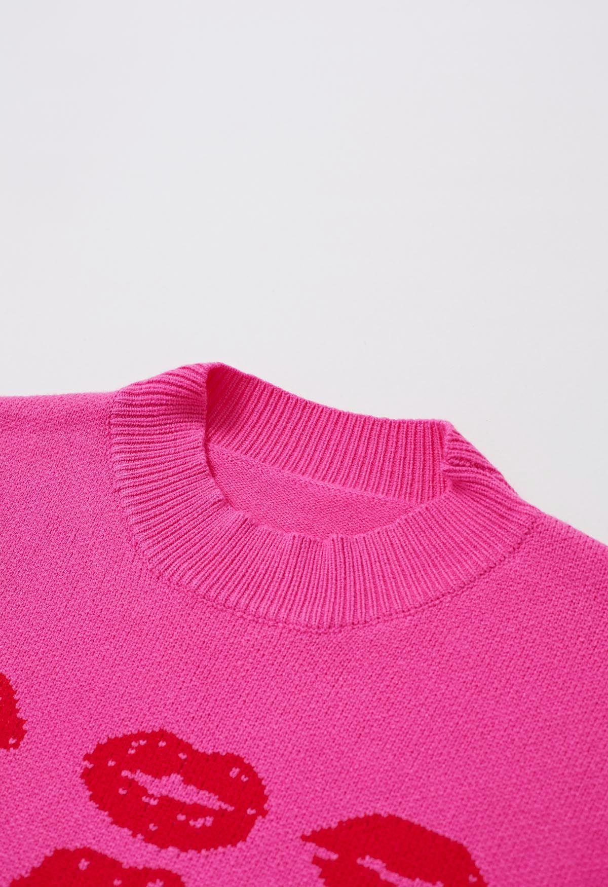 Pull en tricot à motif lèvres rouges en rose vif