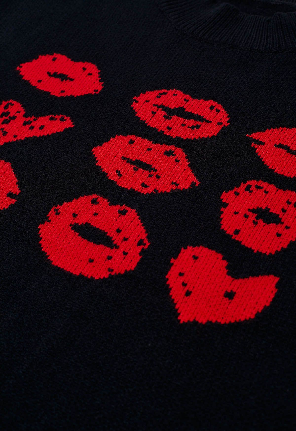 Pull en tricot à motif lèvres rouges en noir