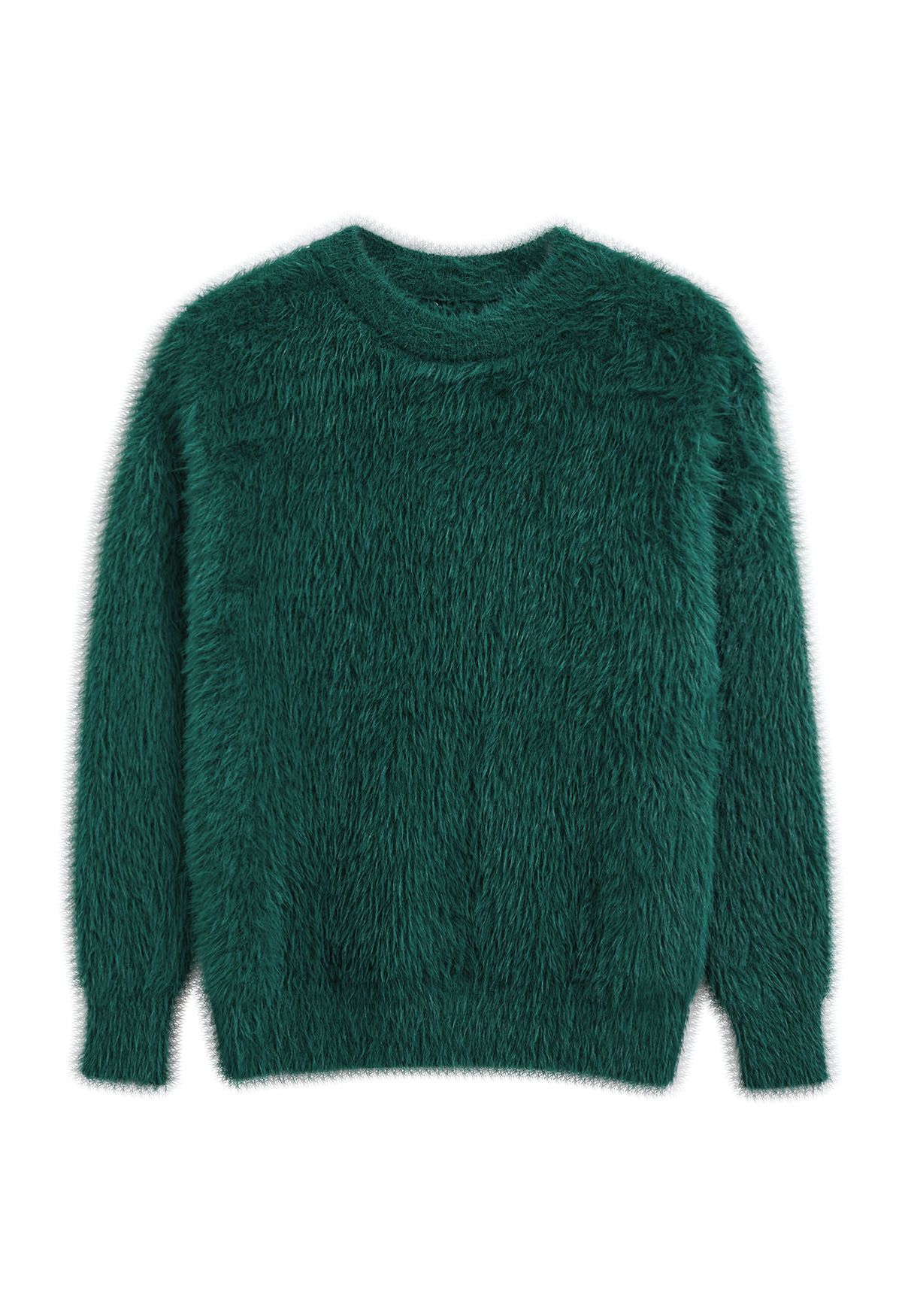 Pull en tricot pelucheux de couleur unie en vert