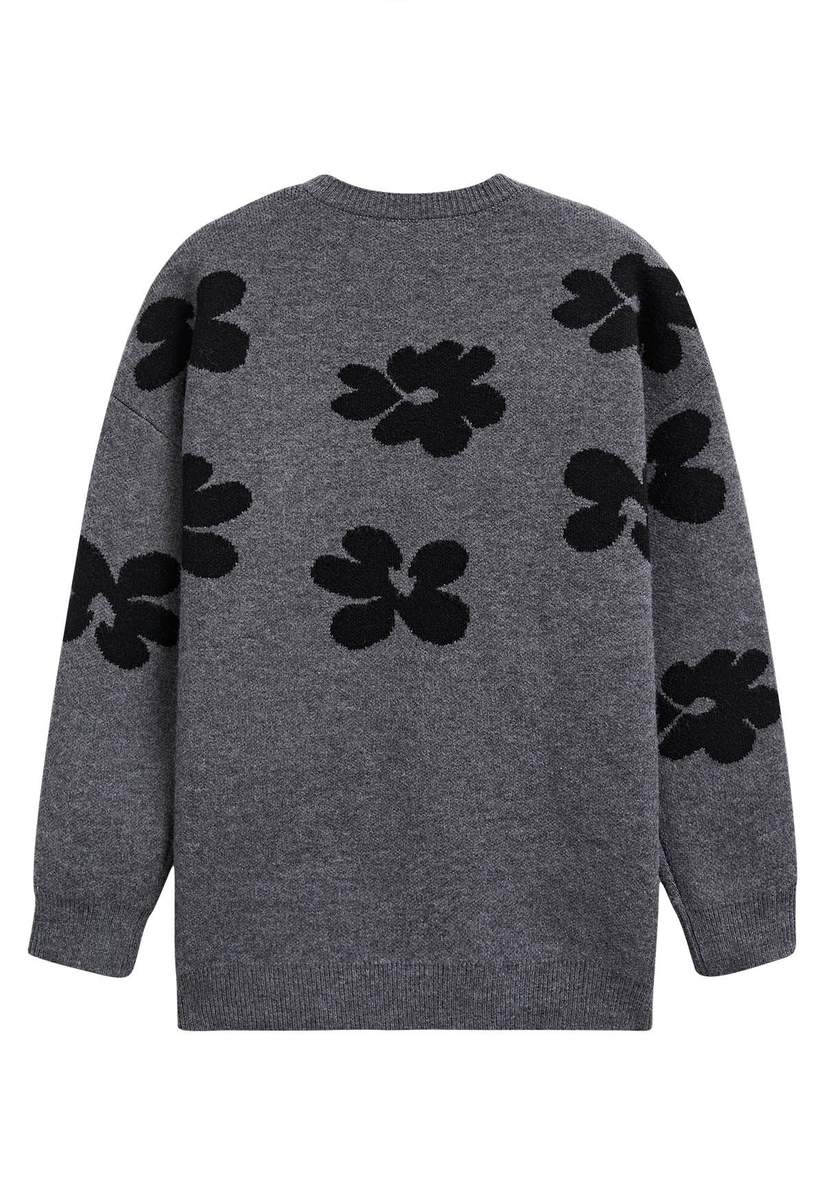 Pull en tricot à motif floral contrasté en fumée