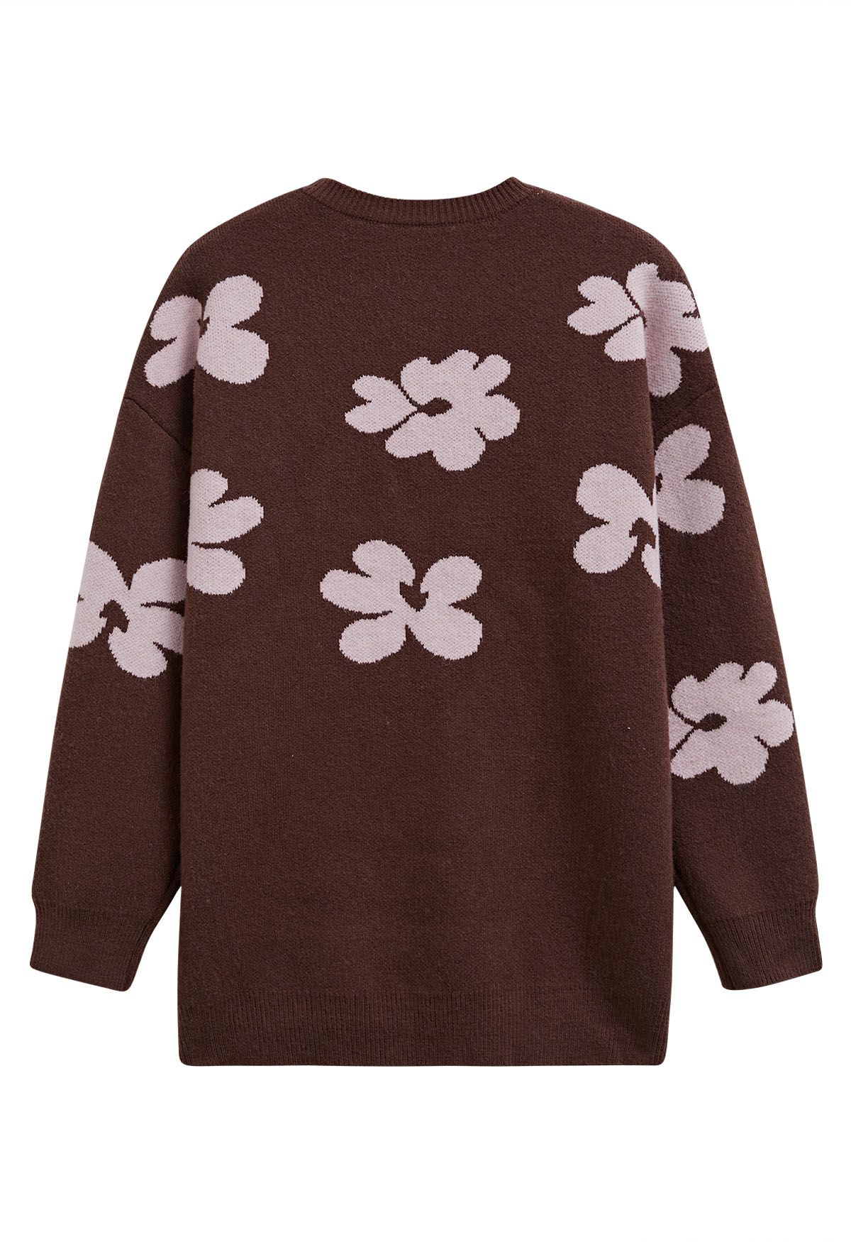 Pull en tricot à motif floral contrasté en marron
