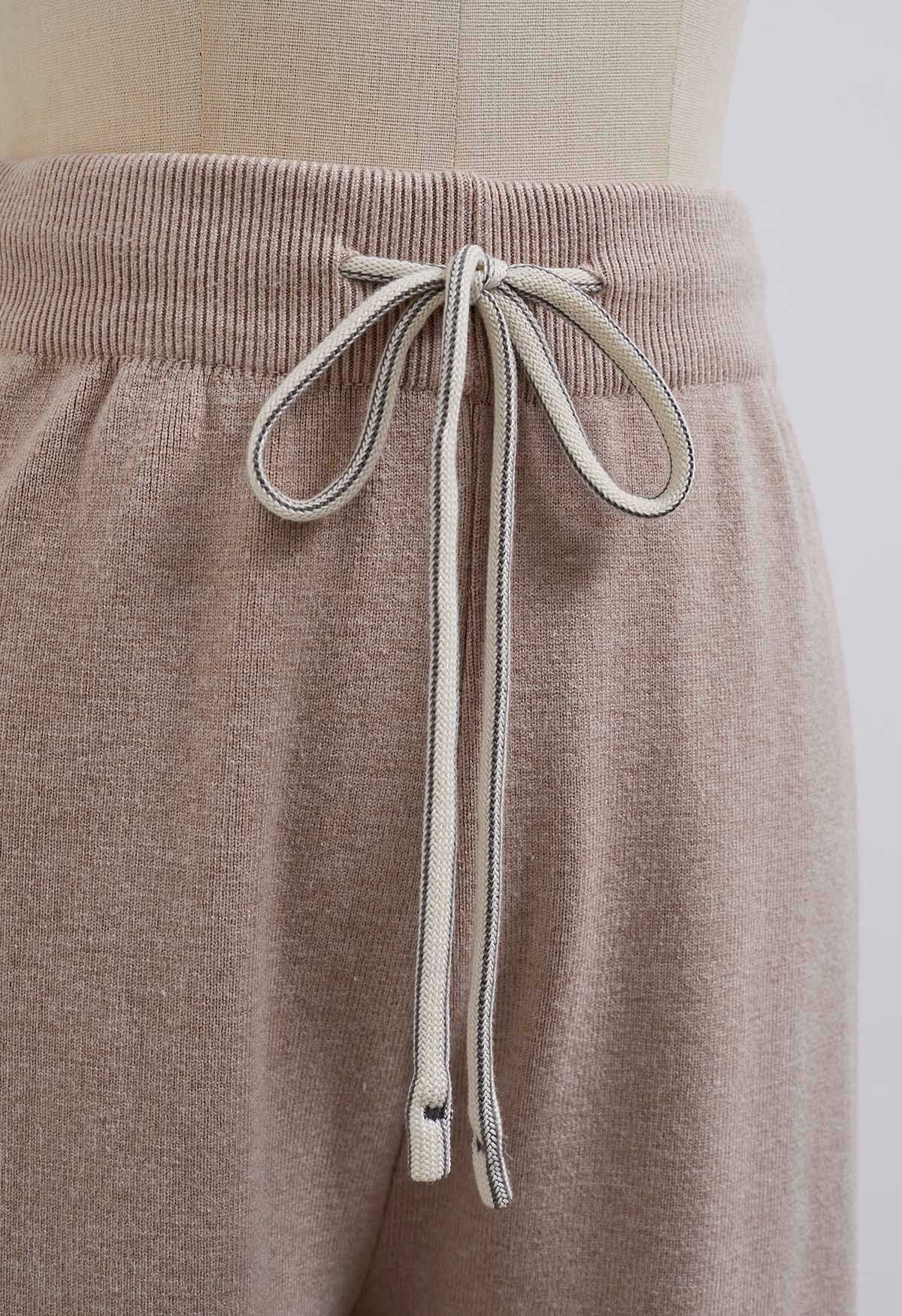 Pantalon en tricot côtelé avec cordon de serrage à la taille, couleur avoine