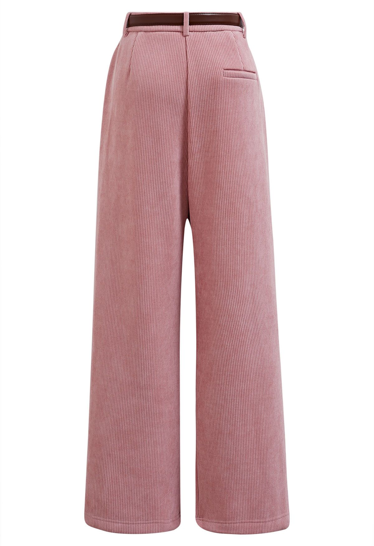 Pantalon droit à ceinture en velours côtelé doublé de polaire en rose