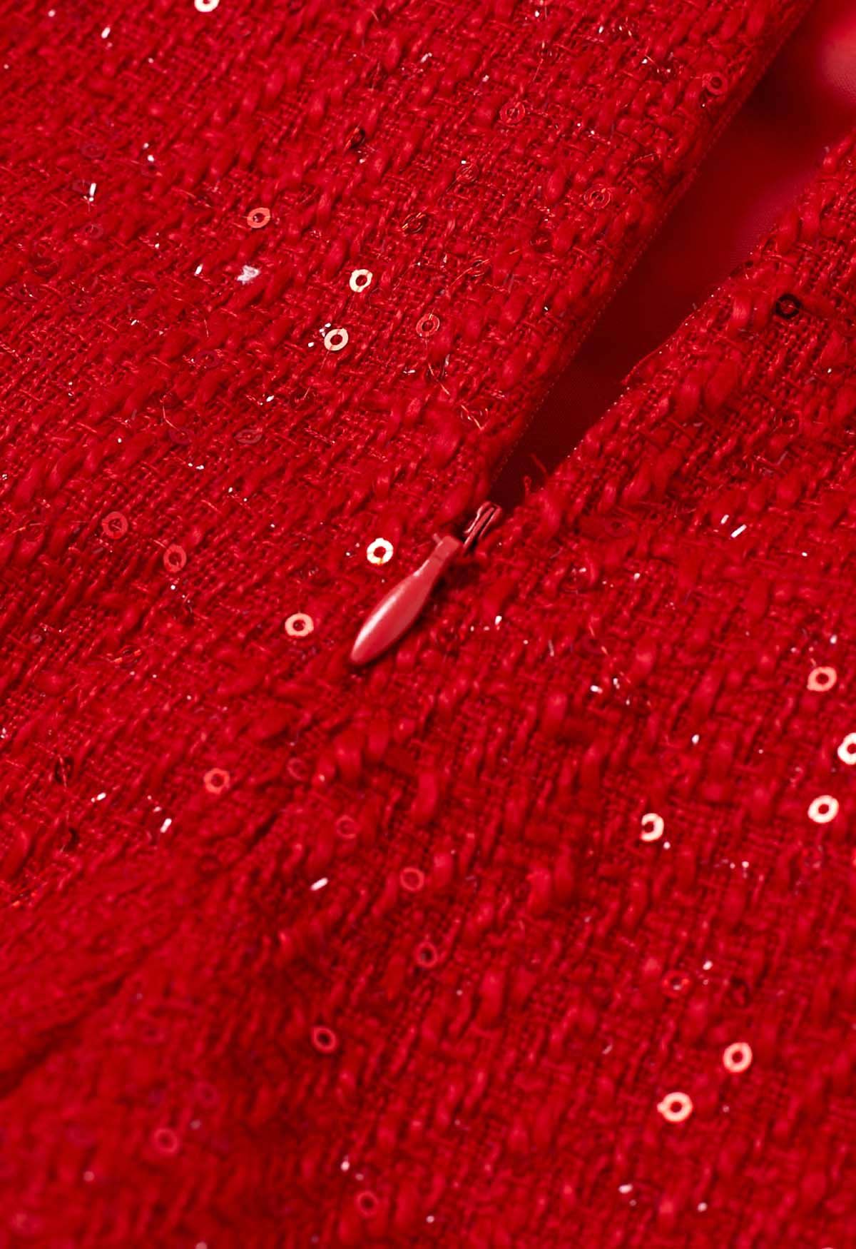 Short en tweed orné de sequins et boutons en forme de cœur, rouge