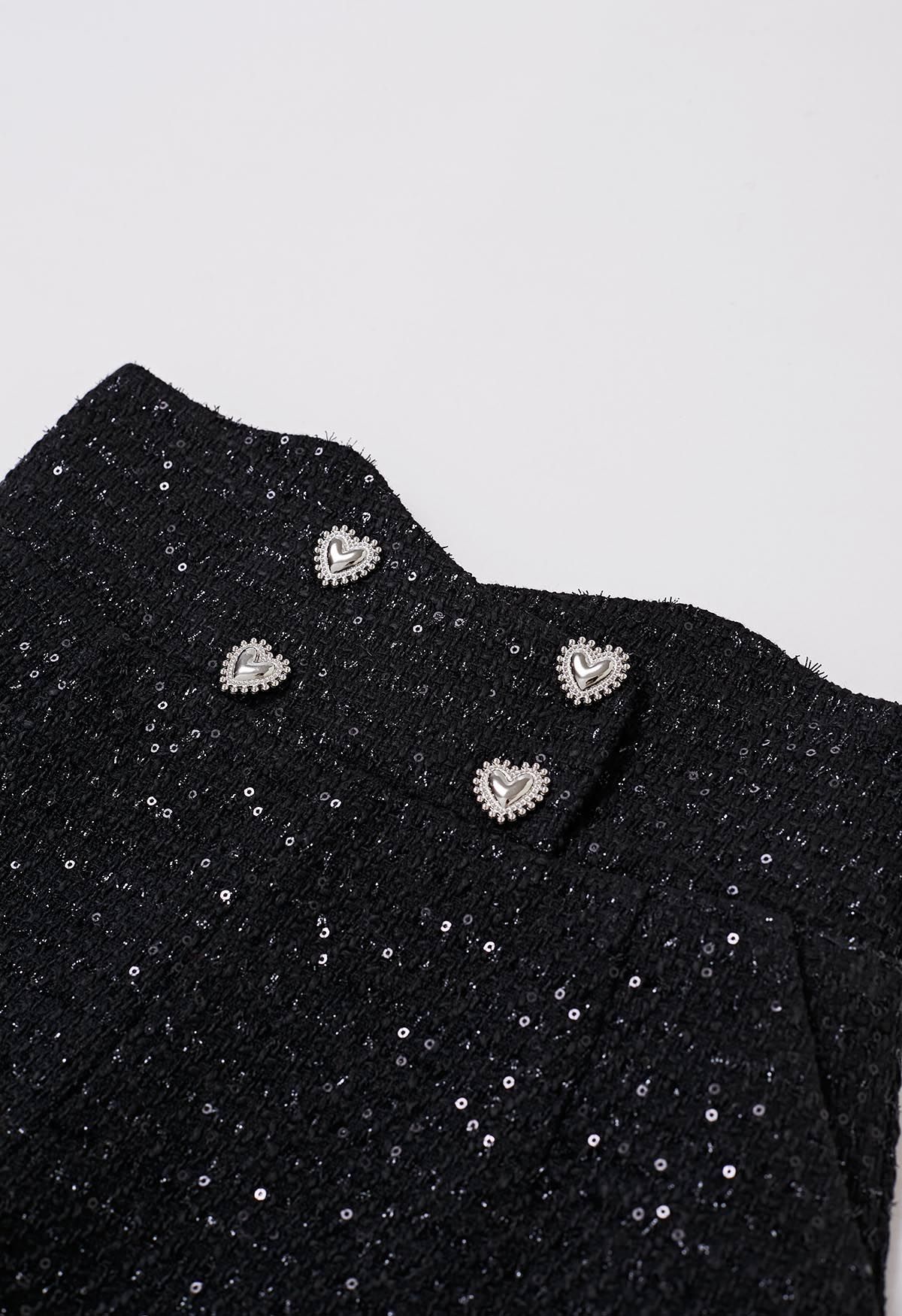 Short en tweed orné de sequins et de boutons en forme de cœur, noir