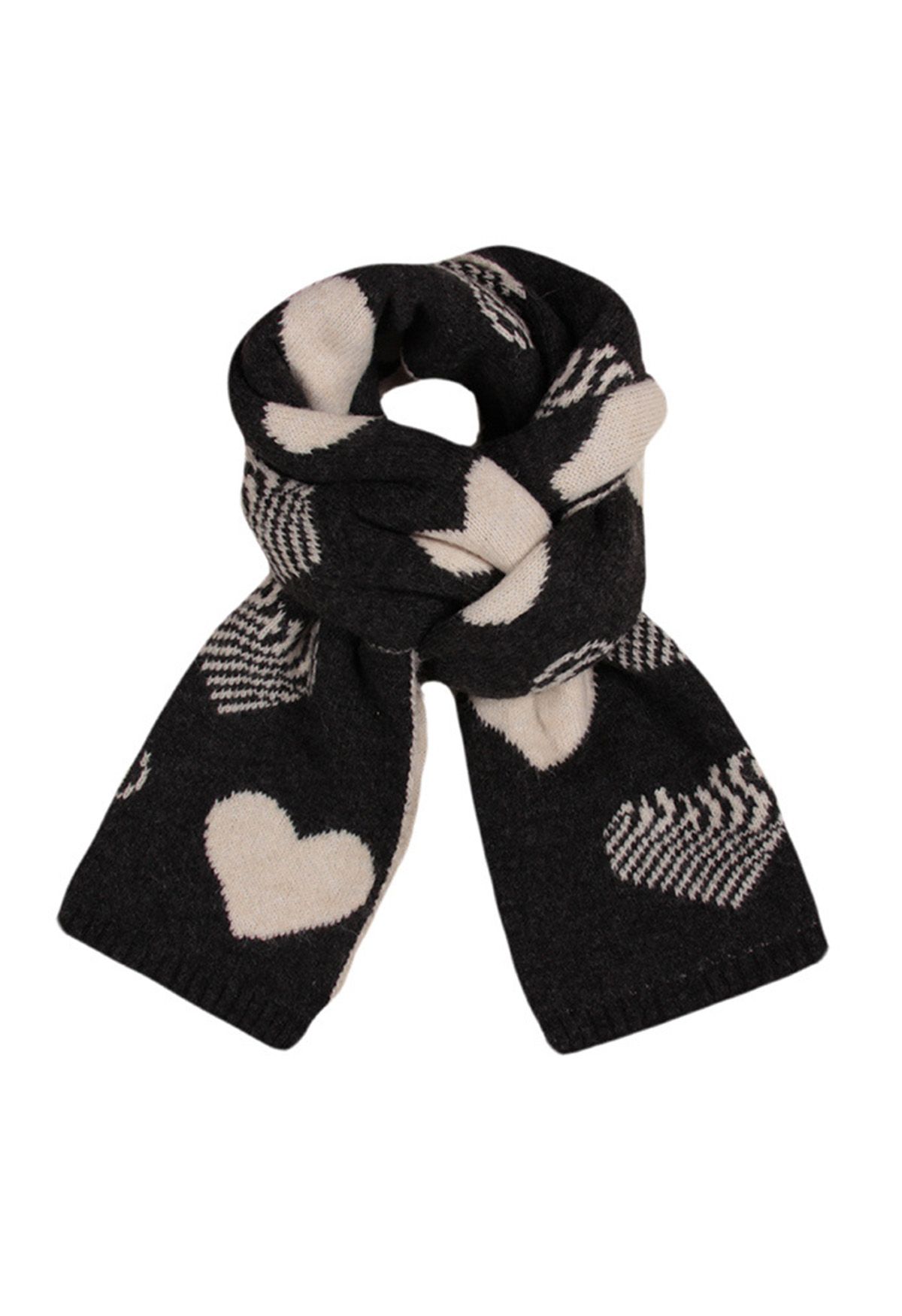 Écharpe en tricot doux à motif cœur en noir